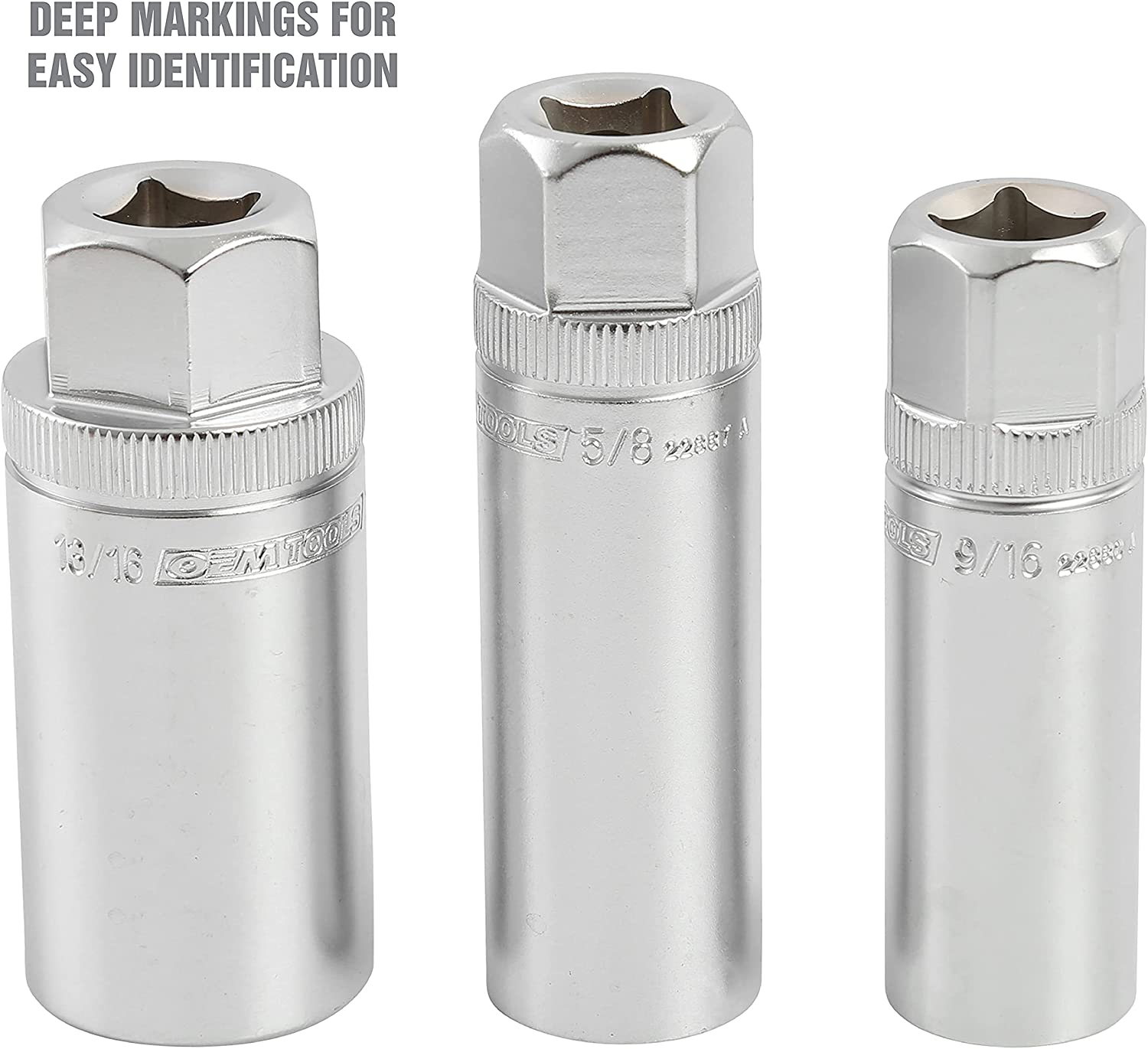 OEMTOOLS 22891 3/8 Drive Magnetic Spark Plug Socket Set, Contains 5/8" (16 Mm), 9/16", and 13/16" 6 Point Deep Sockets, Fits Most Car Spark Plugs image number 4