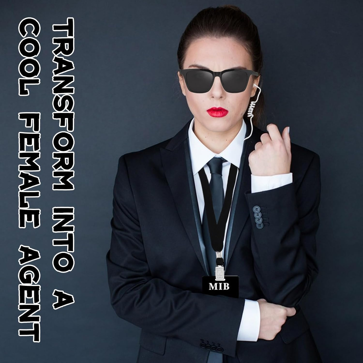 4Pcs Agent Costume Accessories Set, Secret Agent Fancy Dress Kit with ID Card Prop Lanyard Fake Earpiece Ziptie Black Frame Sunglasses for Adults Carnival Halloween Cosplay Dress up Party image number 4