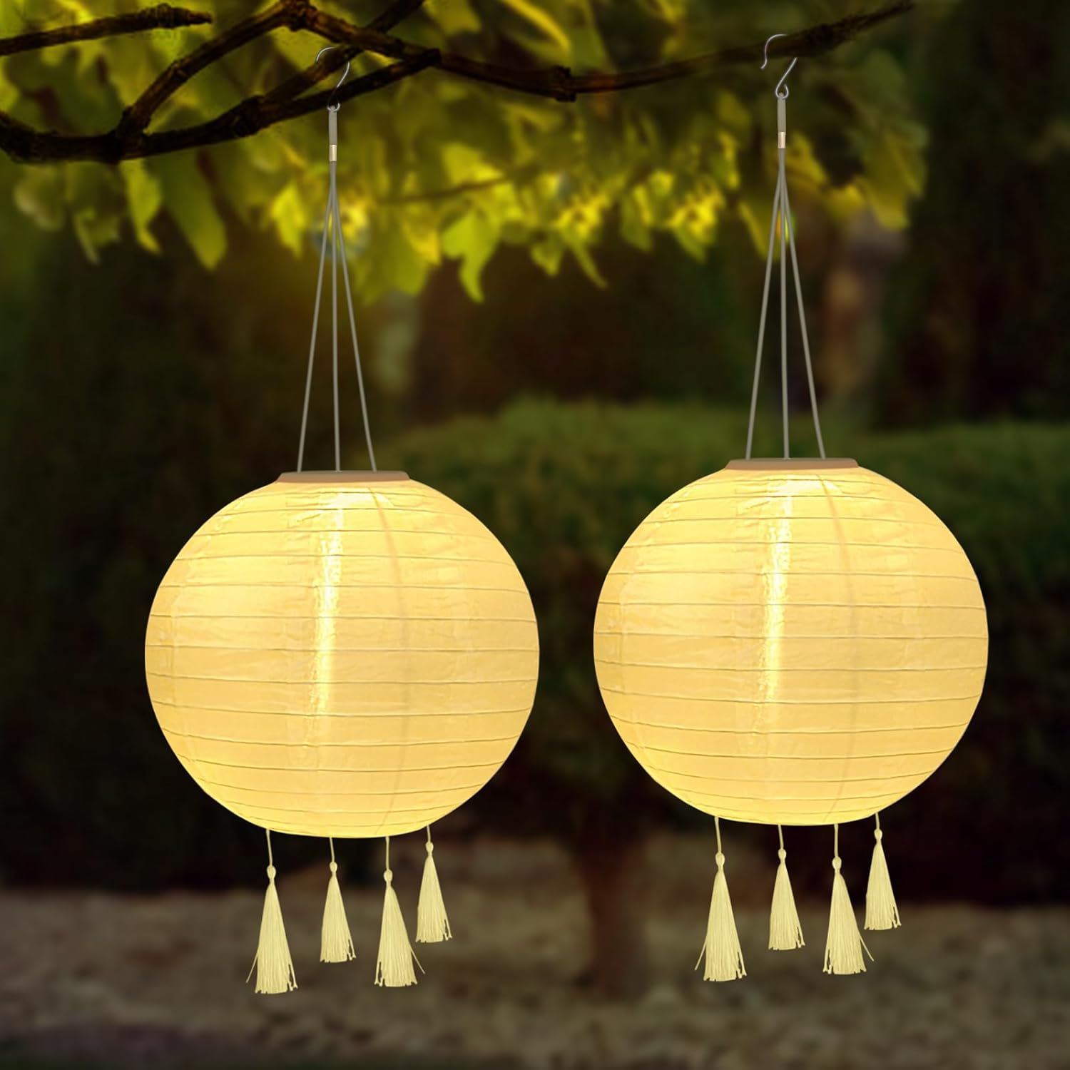 YIFMOO Solar Lanterns, Pack of 2 20 Cm Solar Lanterns, Outdoor Weatherproof, LED Waterproof Lantern with 4 Tassels, Hanging Nylon Lantern for Gardens, Yards, Balconies, Wedding Decoration (Warm White) image number 5