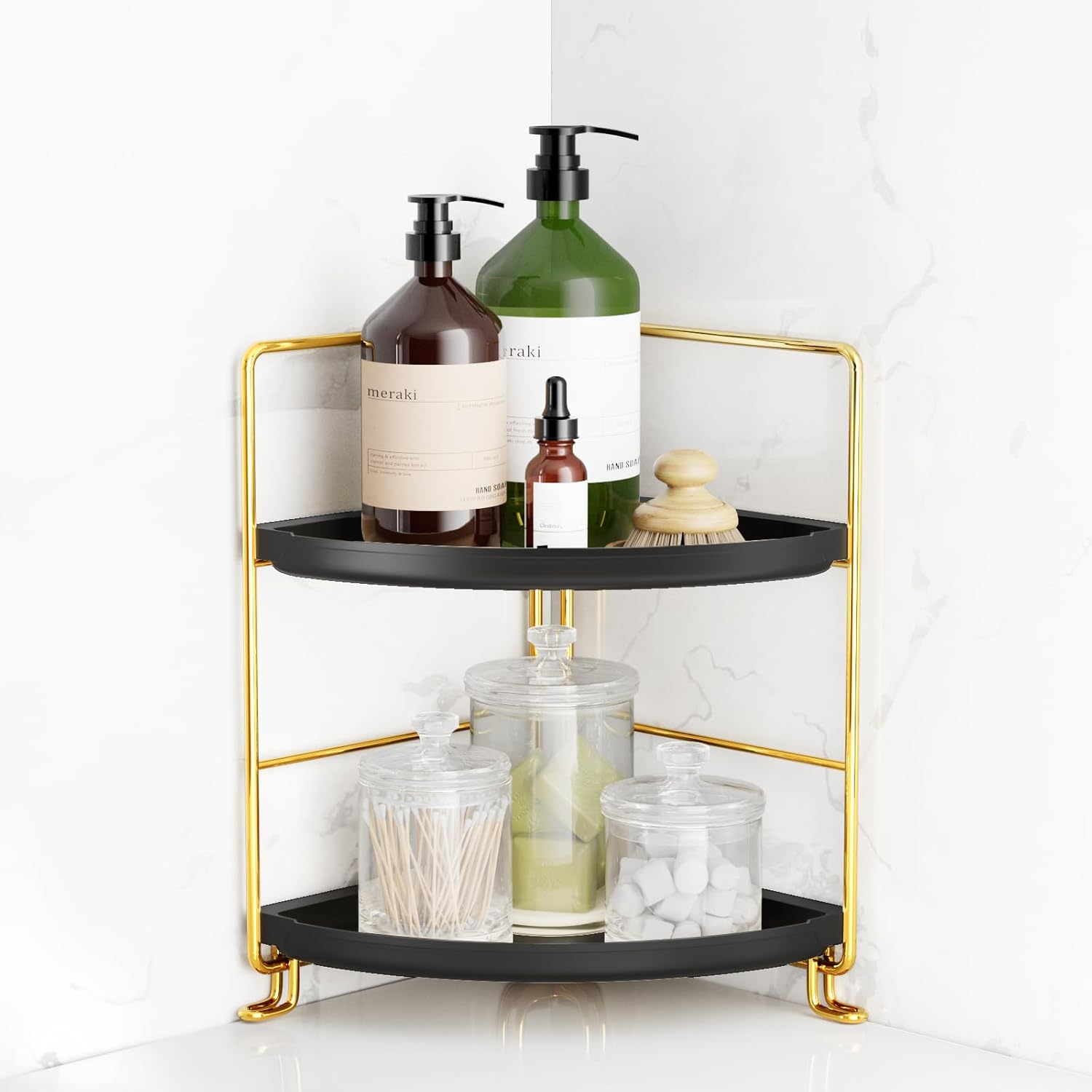 Fsyueyun 2-Tier Corner Bathroom Countertop Organizer, Kitchen Spice Rack Makeup Storage Shelf Vanity Bedroom Storage Tray (Gold)