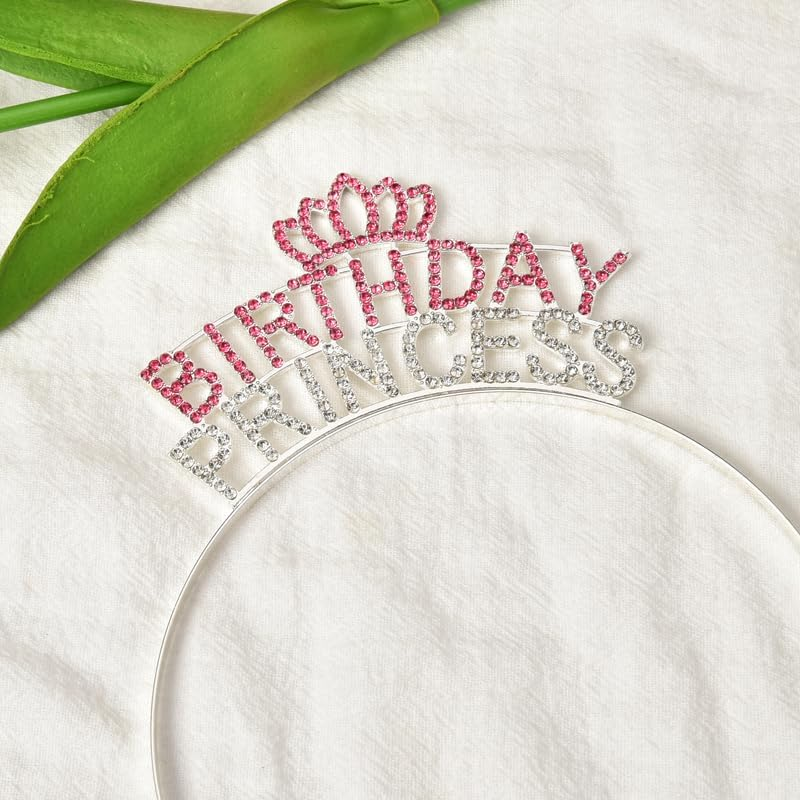 Birthday Princess Sash Headband Set Silver Pink Birthday Girl Crown Headpiece for Women Girls Happy Birthday Party Hats Supplies Decors Signs Birthday Presents for Girls Daughter Granddaughter