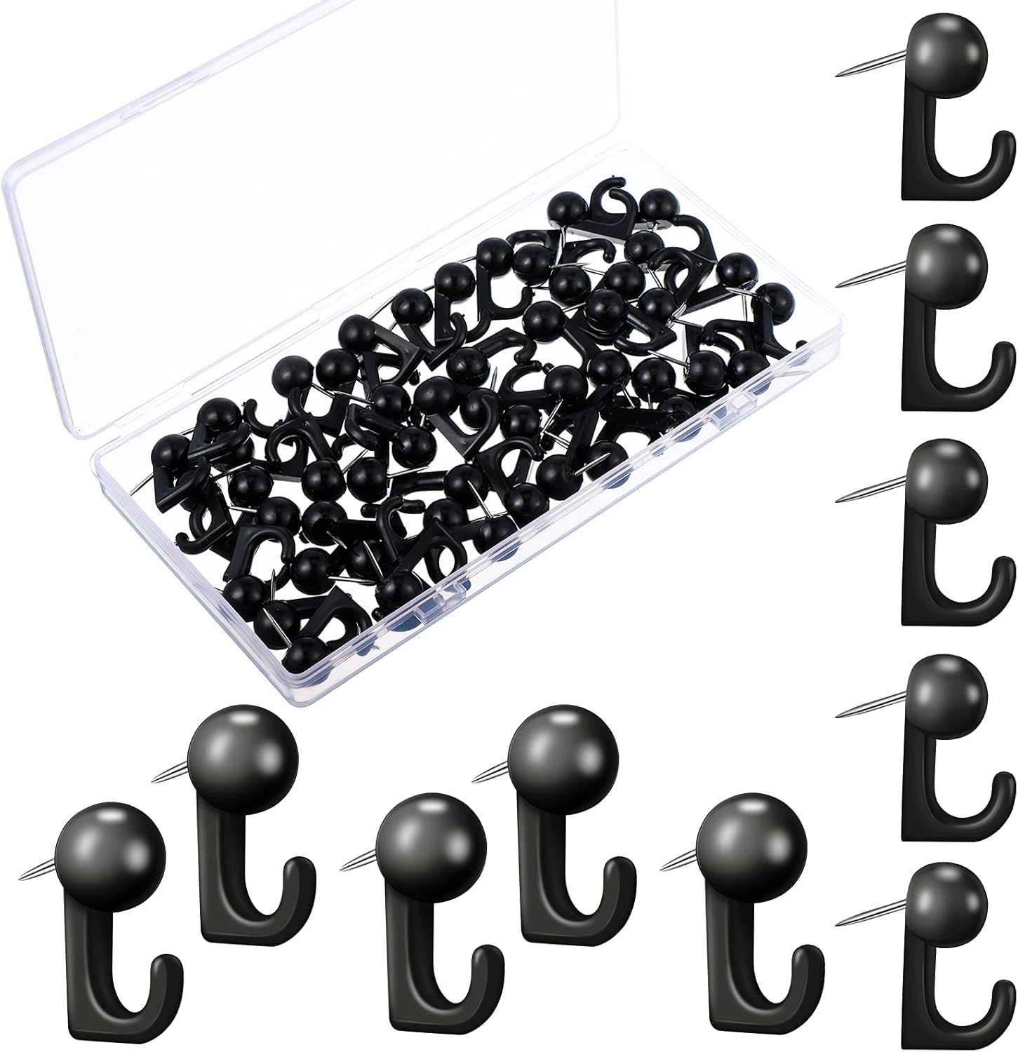 Tenare 50 Pieces Push Pin Hooks Plastic Heads Pin Tacks Decorative Wall Thumb Tacks Hanging Nails for Cork Bulletin Board Map Photos Calendar Home Office Supplies(Black) image number 6