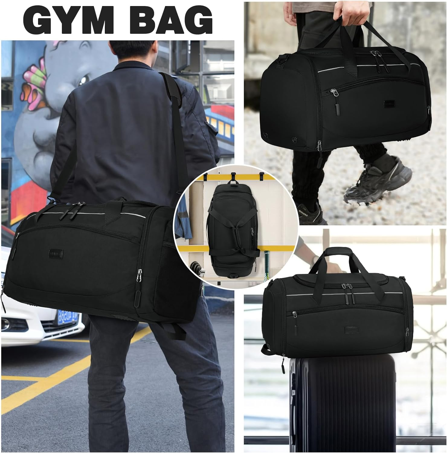 Gym Bag for Men and Women,40L Waterproof Large Sports Bag,Duffle Bag with Shoes Compartment and Wet Pocket,Weekender Overnight Bag,Travel Bag,Black image number 5