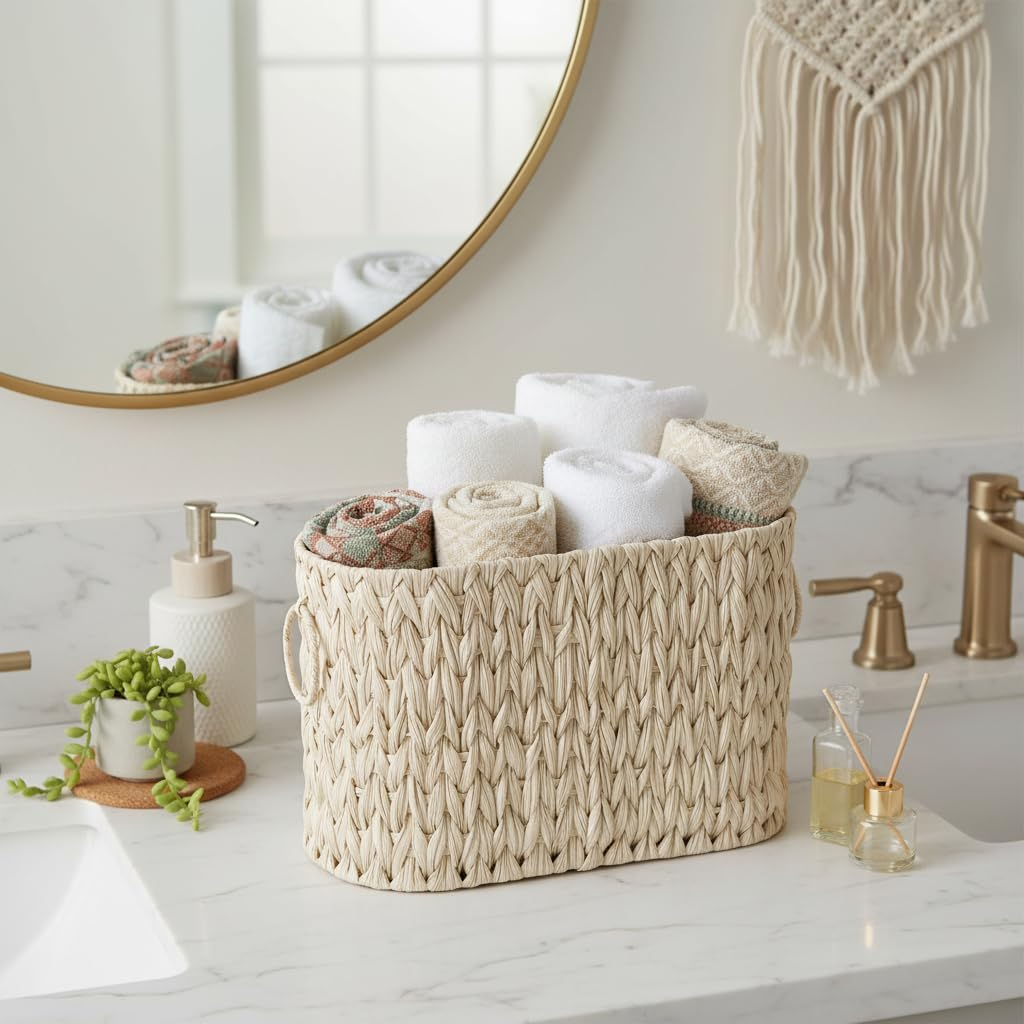 Coeusy Toilet Paper Basket,Boho Decorative Toilet Paper Storage,Large Wicker Basket for Bathroom Storage,Free Standing - Grey image number 2