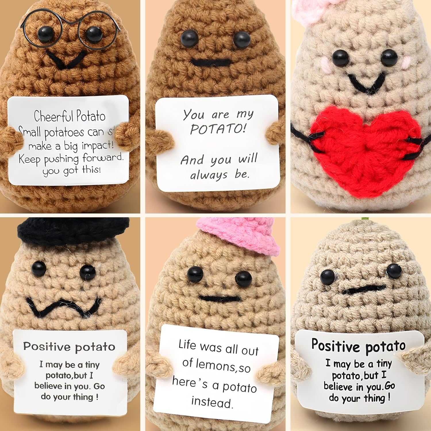 ZCOINS 6 Pcs Crochet Emotional Support Positive Potato for Women, Small Plush Novelty Funny Emotional Support Potato Pickle Toys with Positive Note for Desk Home Decor Birthday Valentines Gift
