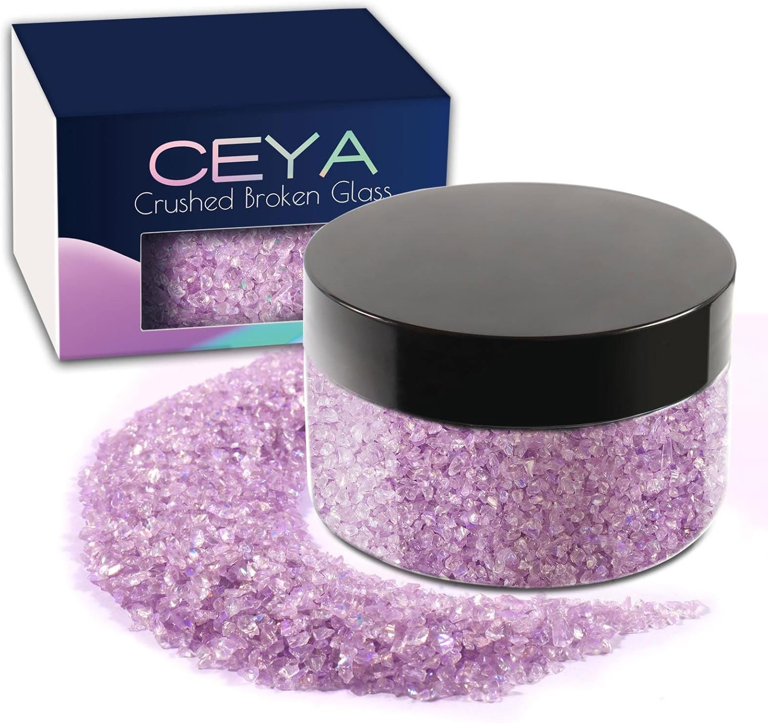Ceya 5.3Oz/ 150G Crushed Irregular Glass Pale Lilac Metallic Crystal Chip Broken Glass Chips Glitter 2-4Mm Craft Chunky Glitter for Nails Art Epoxy Resin Mold Coasters Ornament Painting Geode