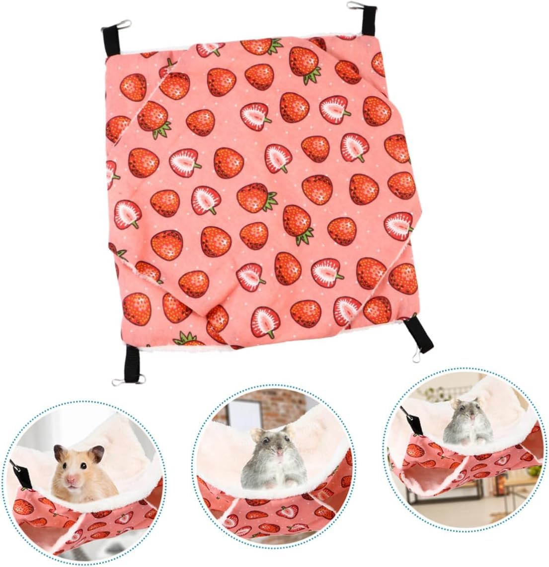 Norhogo Small Animal Hammock Double Layers Hammock for Guinea Pig Rat Ferret Small Pet Hideout with Tunnel Cave Hanging Hammock Pet Accessories, 35 X 35 Cm, Pink Strawberry Pattern image number 1