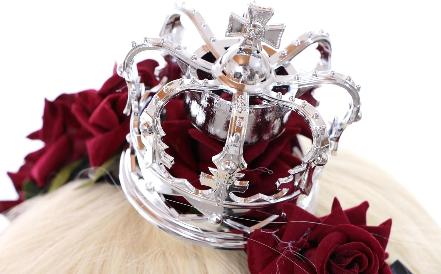 C-104-1 Silver Crown with Roses Red Lace Bow Ruffle Gothic Lolita Headband Party Celebration Hair Accessories Head Accessory image number 4