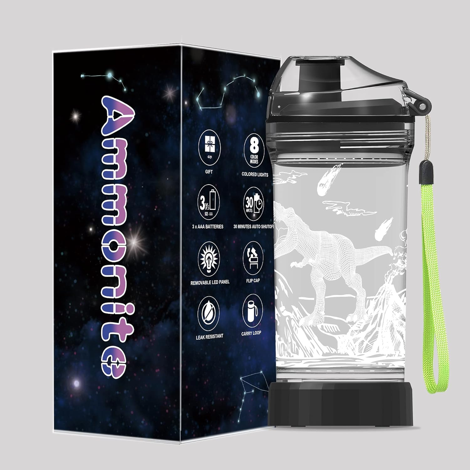 Ammonite Dinosaur Water Bottle for Kids with 3D Glowing LED Light - 14 OZ Tritan BPA Free - Creative Ideal Travel Cup Dinosaur Jurassic School Kid Boy Child Holiday Camping Picnic image number 2