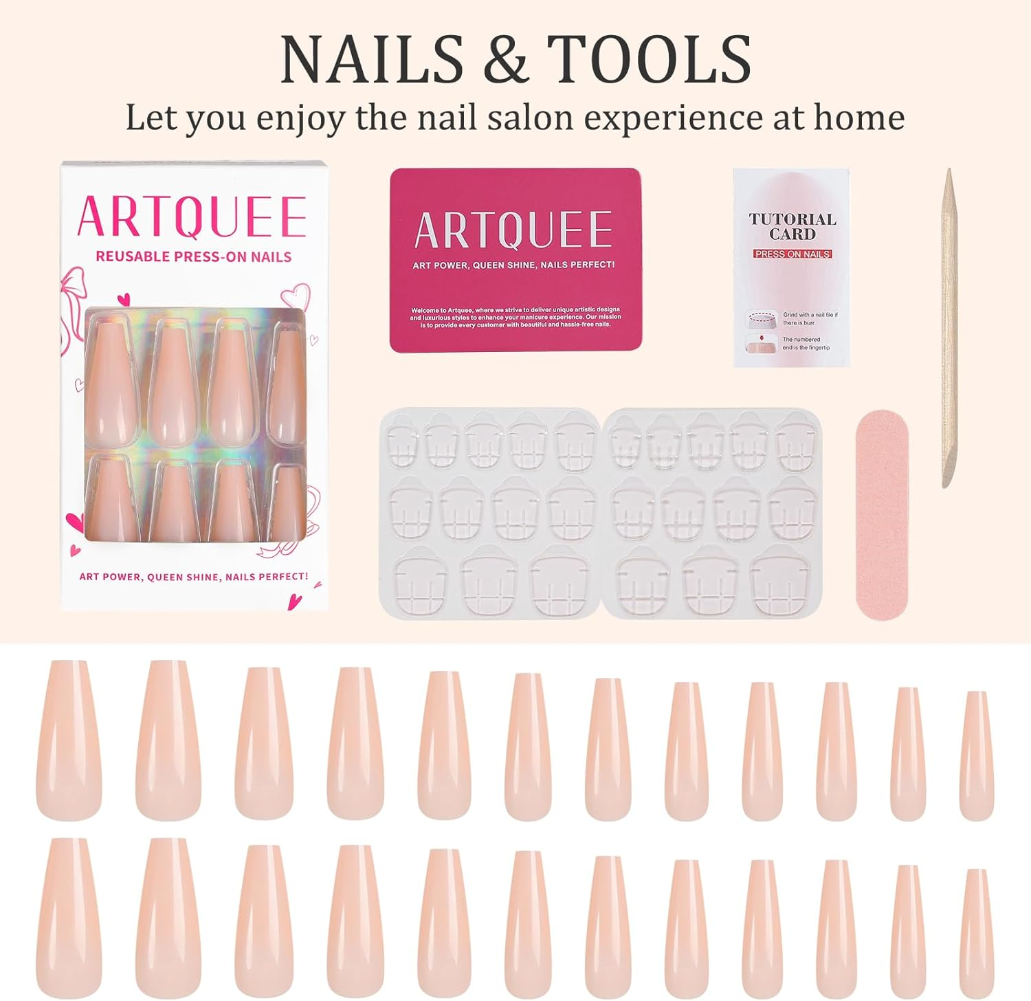 Artquee 24Pcs Light Nude Clear Pure Color Ballerina Long Coffin Glossy Fake Nails Press on Nail False Tips Manicure for Women - Cb-14 image number 2