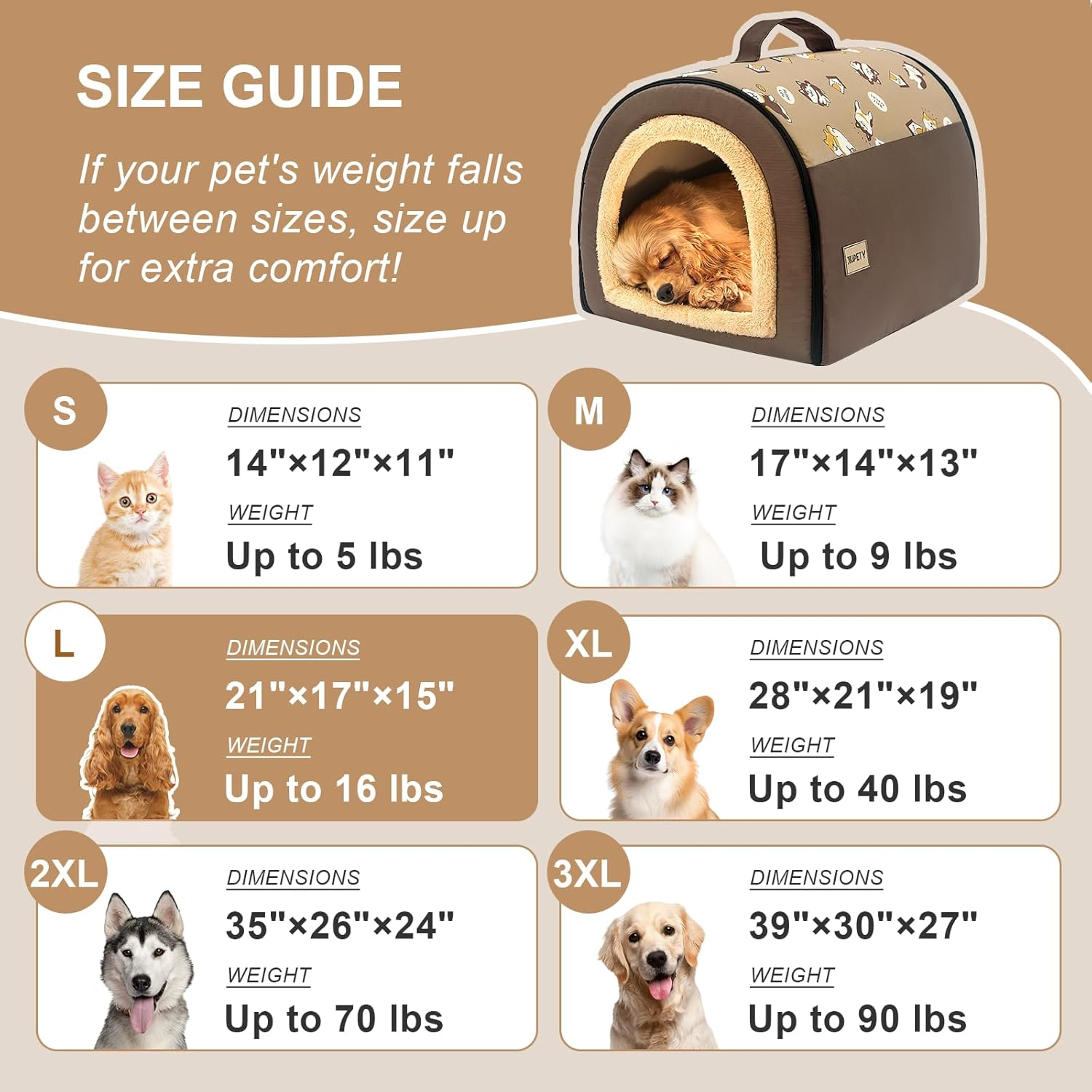 Jiupety Indoor Dog House, 2 in 1 Portable Foldable House Bed with Cover, Pet Tent & Cave Bed for Small Medium Dog, L(24"&times;18"&times;18"), up to 20 Lb, Brown image number 6