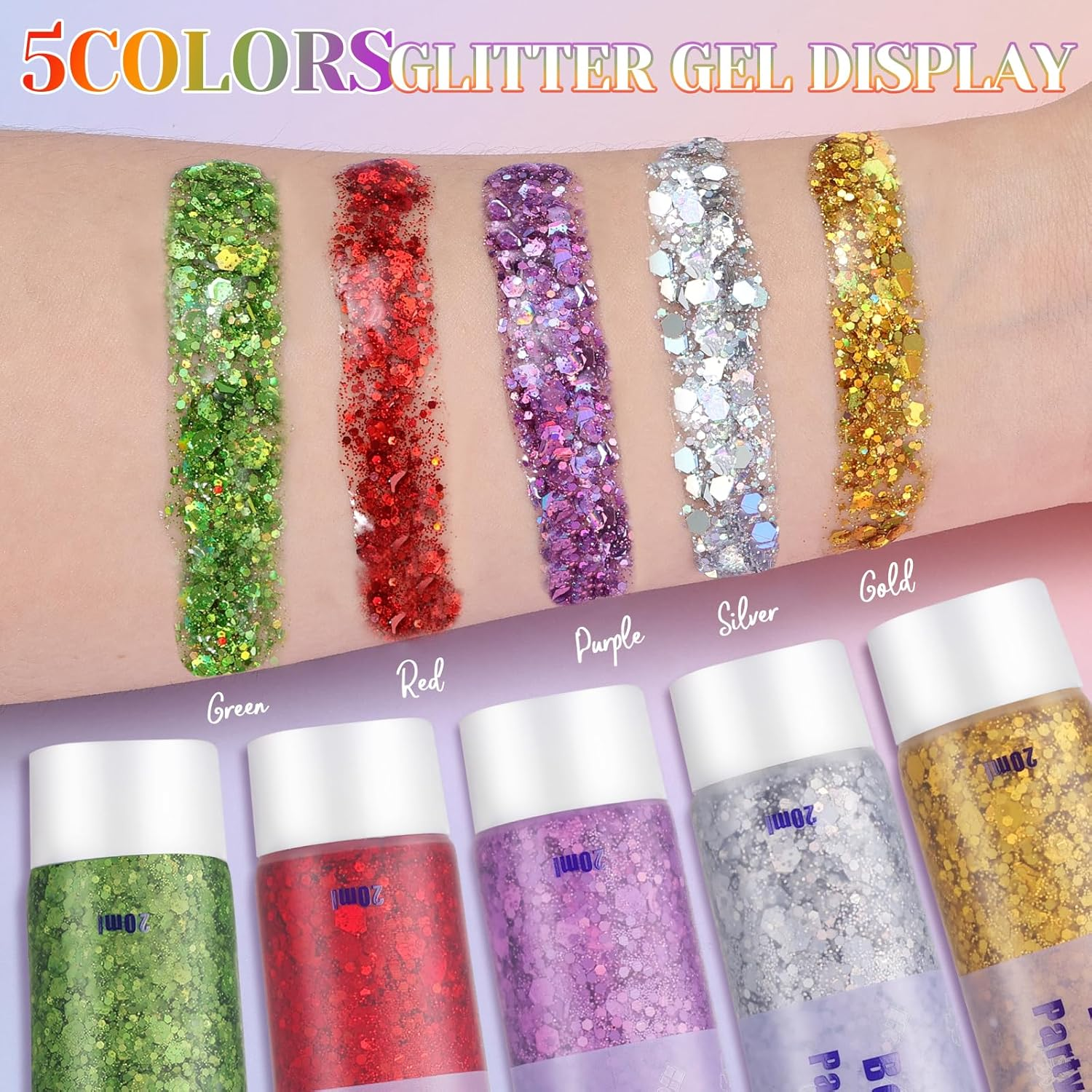 DAGEDA 20Ml Purple Body Glitter Gel, Face Hair Glitter Gel Mermaid Makeup Sequins Shimmer Liquid Eyeshadow, Singer Concert Festival Party Rave Accessories Halloween Holographic Glitter Makeup - Gold image number 3