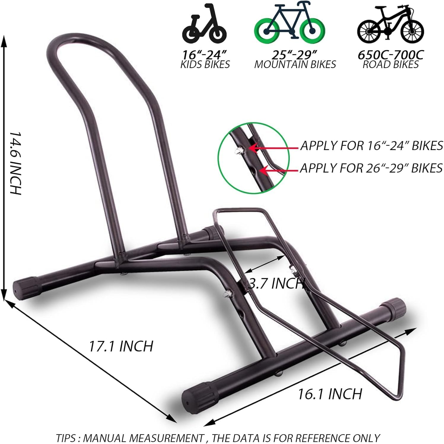 Bike Stand, Floor Bike Parking Rack, Garage Bicycle Stands for Storage Indoor/Outdoor, Front and Rear Wheel Parking Rack Stand Perfect for 16"-29" Kid'S Bikes/Mountain Bike/Road Bike