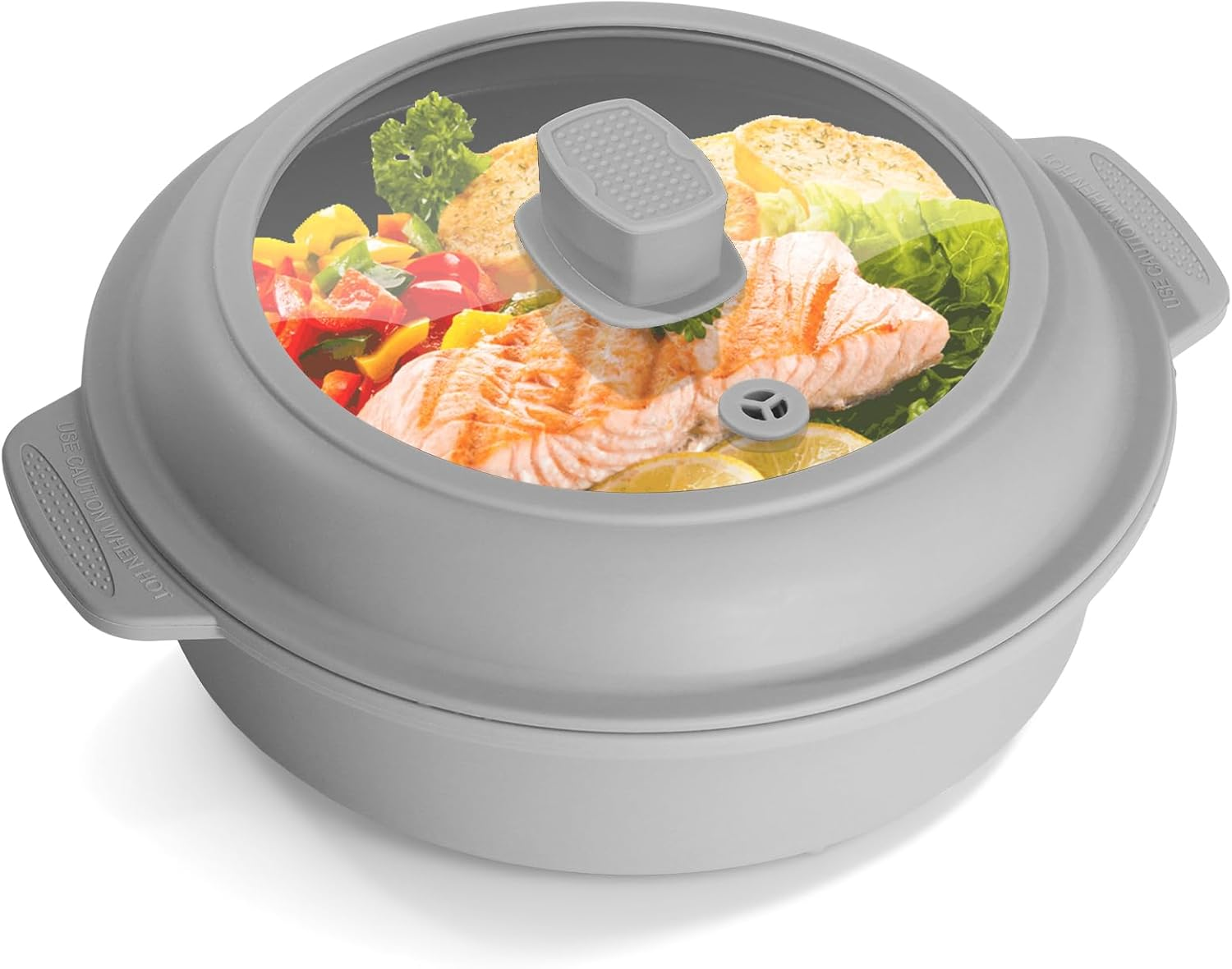 GLOU-GLOU GOOSE GGG Microwave Grill Pan, 8-In-1, Fry Griddle Crisper Pan with Lid, Microwave Silicone Cookware, for Grilling Browning and Crisping Foods, Time-Saving, Easy, Safe, round （Red）