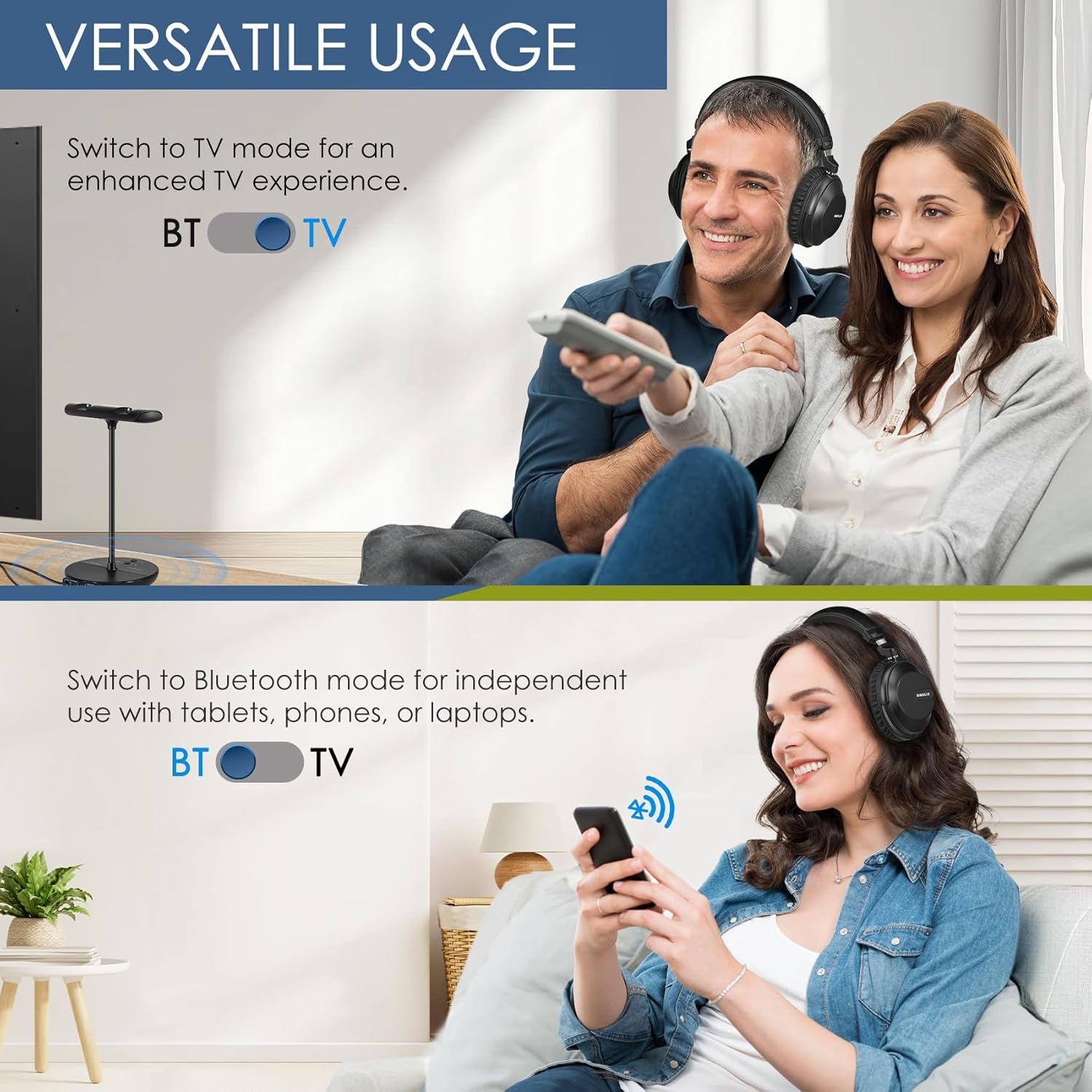 SIMOLIO Duo Wireless TV Headphones for TV, Bluetooth Headset, Independent Volume Control, Black image number 5