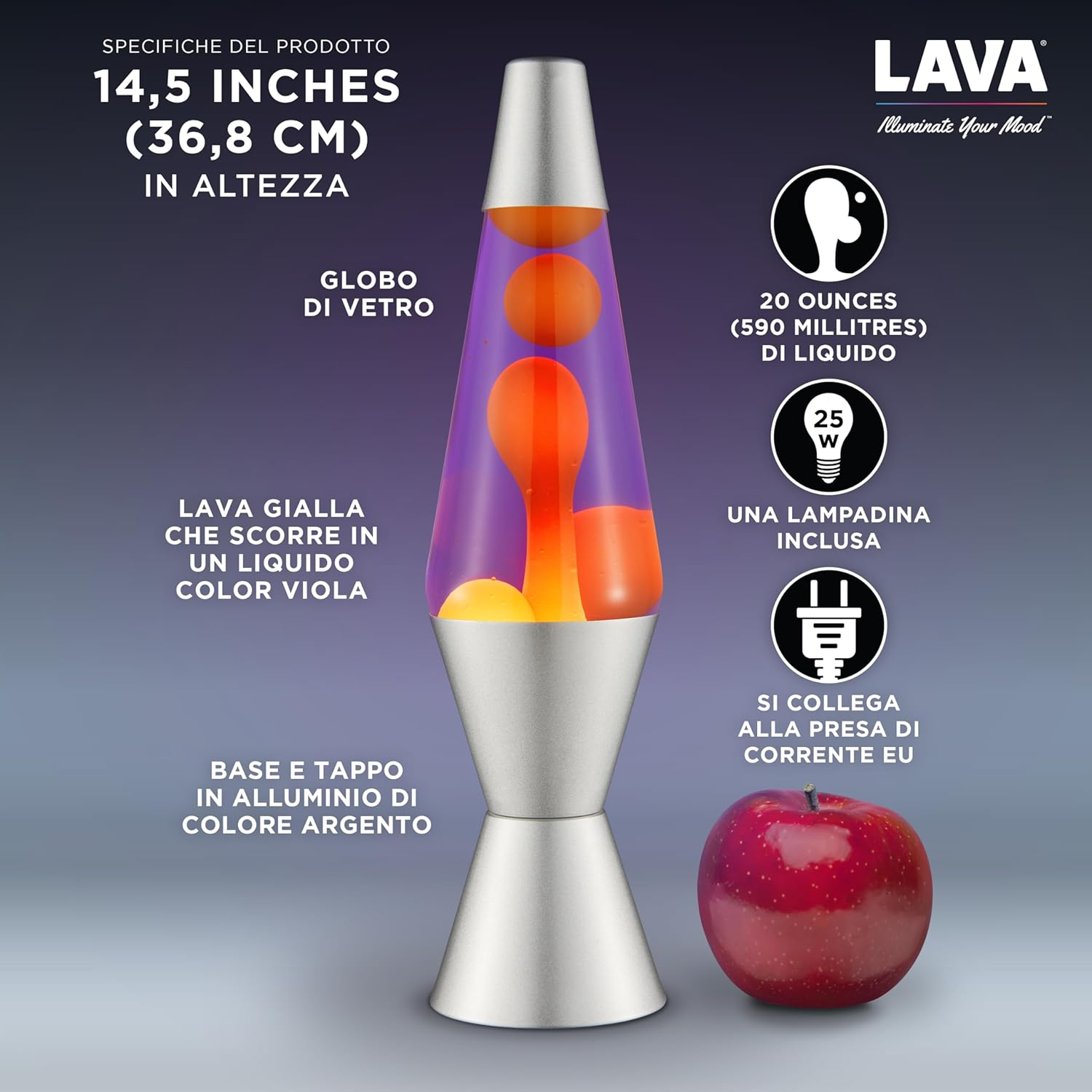 LAVA&reg; - Lava Lamp 2125, Yellow Wax, Purple Liquid, Silver Base and Cap, Original LAVA&reg; Brand 14.5 Inch Motion Lamp - Blu/Trasparente image number 6