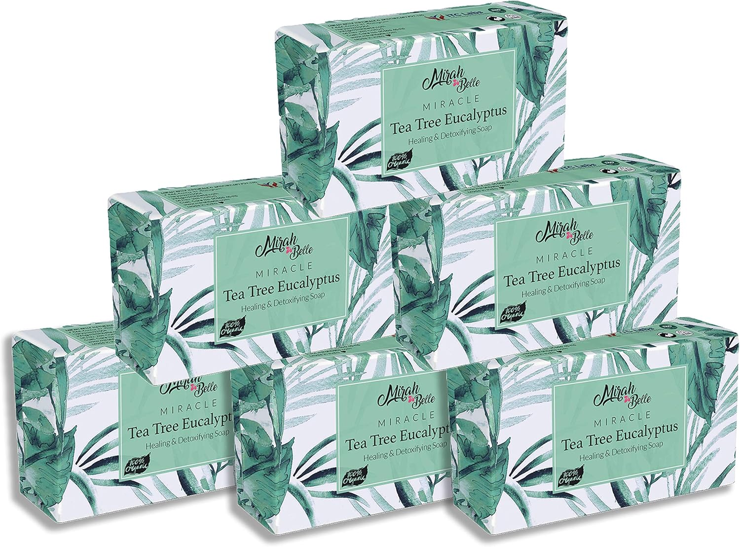 Mirah Belle - Organic Tea Tree - Eucalyptus Healing Soap Bar - (Pack of 6-125 Gm) - Inflamed, Acne Prone and Infected Skin. SLS, Paraben, Gmo-Free, 750 Gm