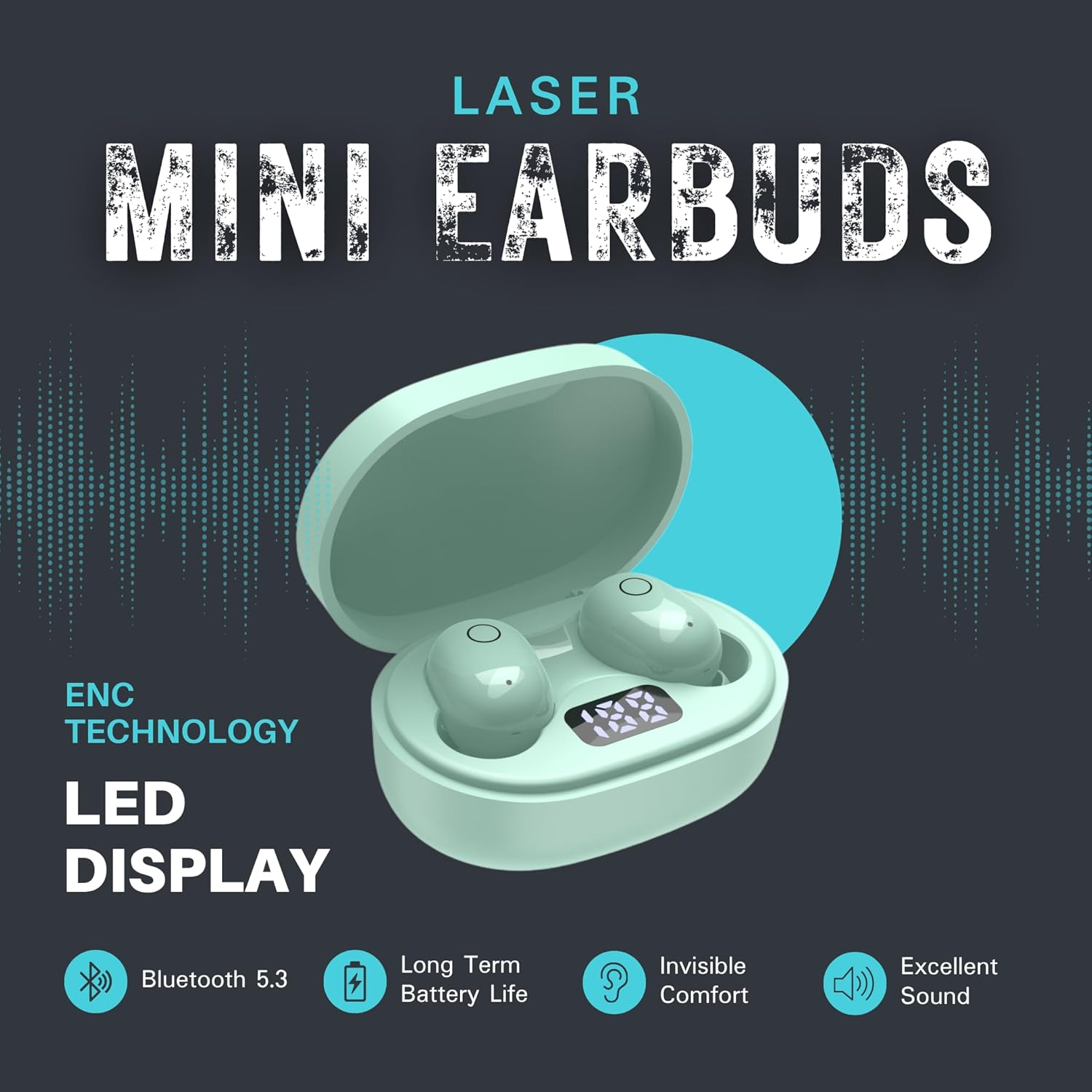 Laser TWS Mini Earbuds with ENC and LED Display Aqua, Wireless, Bluetooth, Charging Case, Battery Level Display image number 6