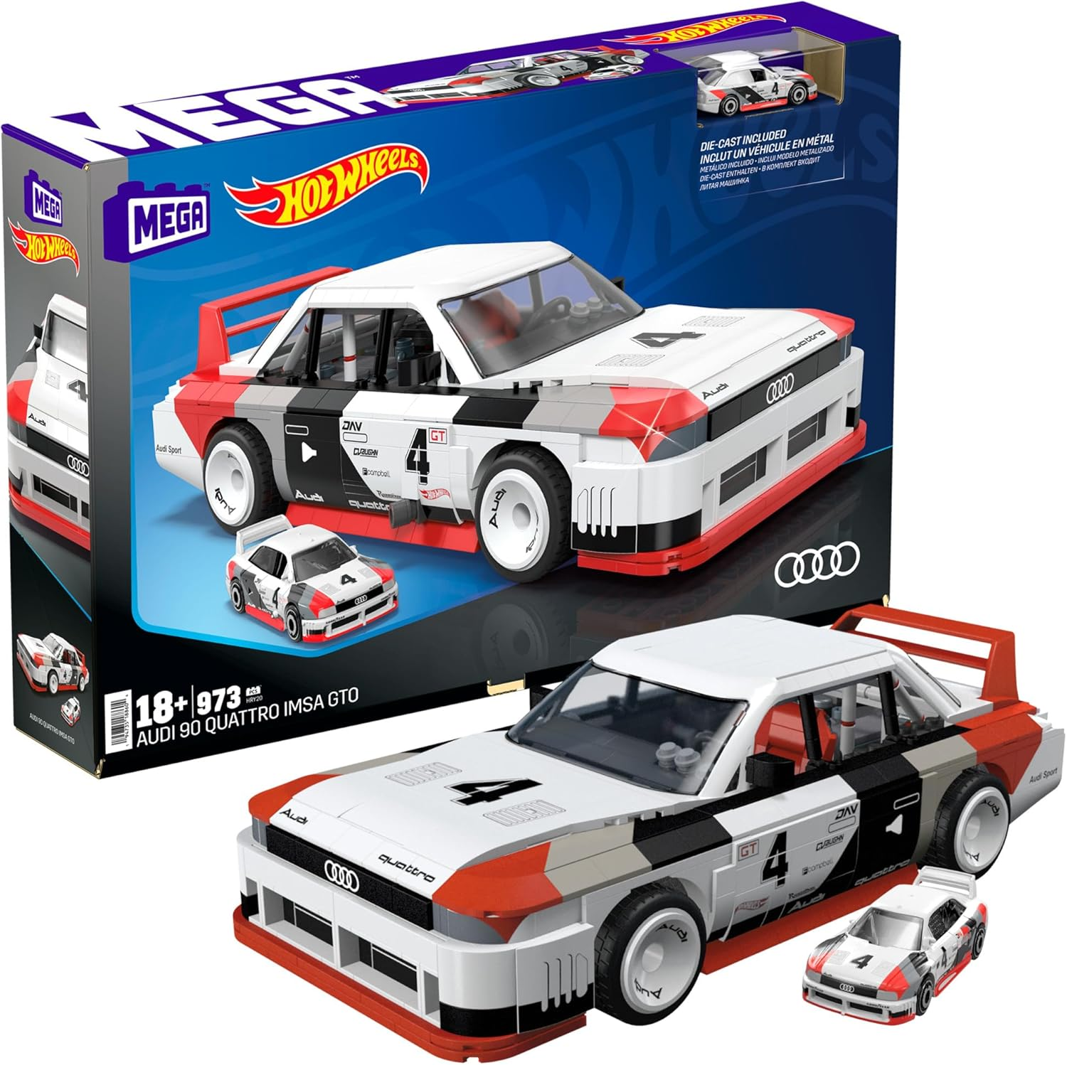 ​Mega Brands Hot Wheels Collectible Car Building Toy, Audi 90 Quattro IMSA GTO with 973 Pieces and Die-Cast Model, Build & Display Set for Collectors, Red image number 2