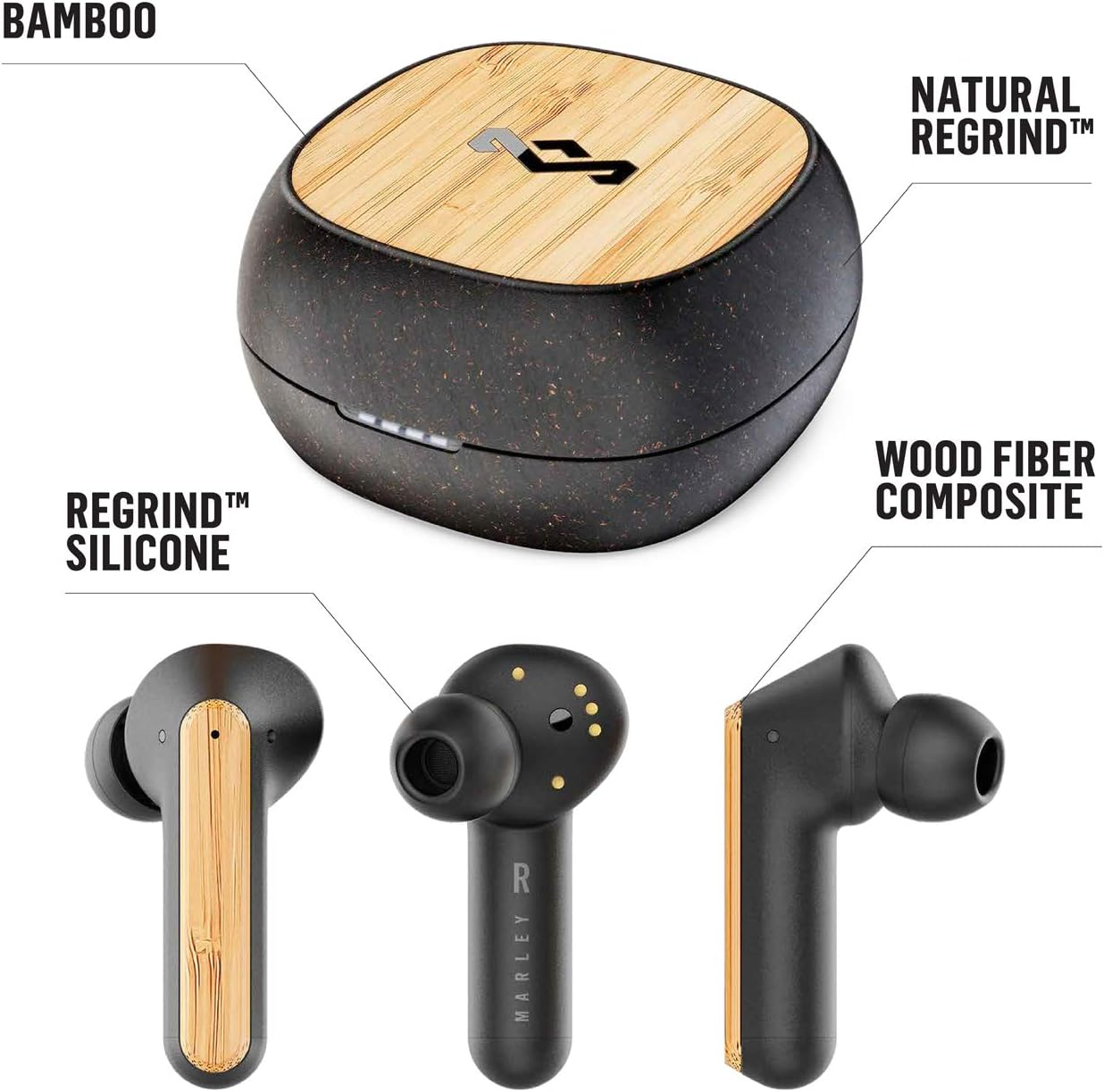 House of Marley Redemption ANC: Noise Cancelling True Wireless Earbuds with Microphone, Bluetooth Connectivity, 20 Hours Total Playtime, and Sustainable Materials, Signature Black image number 1