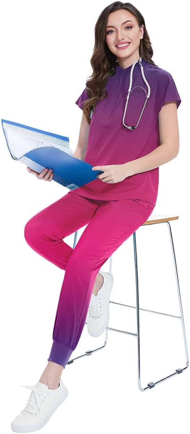 Meichoon Scrubs Set for Women Medical Uniform Set with Gradient Color Stand Collar Short Sleeve Top Elastic Jogger Pants Moisture-Wicking DK63 image number 3