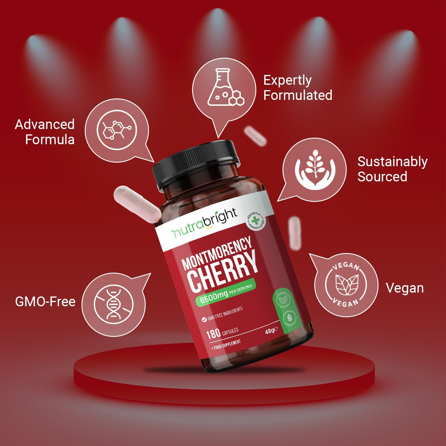 Montmorency Cherry Capsules 6500Mg - 180 Tart Cherry Capsules (3 Months Supply)- 50:1 Natural Tart Cherry Extract Supplement for Men & Women - Gluten Free, Vegan, & Non-Gmo by Nutrabright image number 1