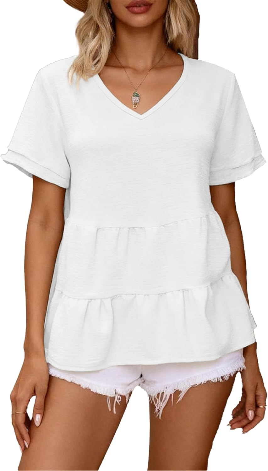 Women'S Solid V-Neck Ruffle Hem Blouse Peplum Top image number 6