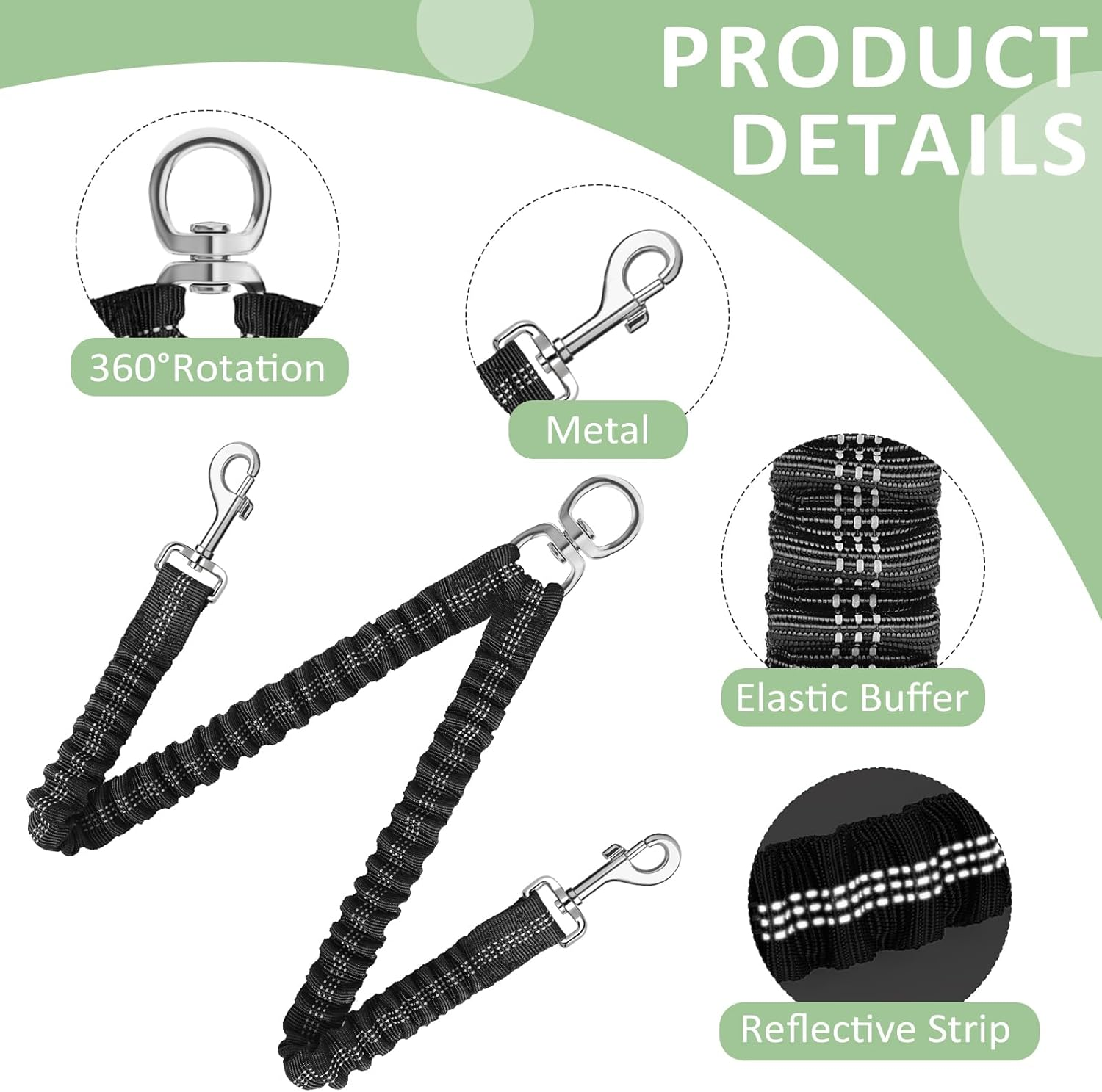 Double Dog Leash for 2 Dogs, Heavy Duty Nylon Reflective Dual Dog Lead for Small Medium Large Dogs, 360 Swivel No Tangle Walking Leash for Walking Running Training,Black image number 3