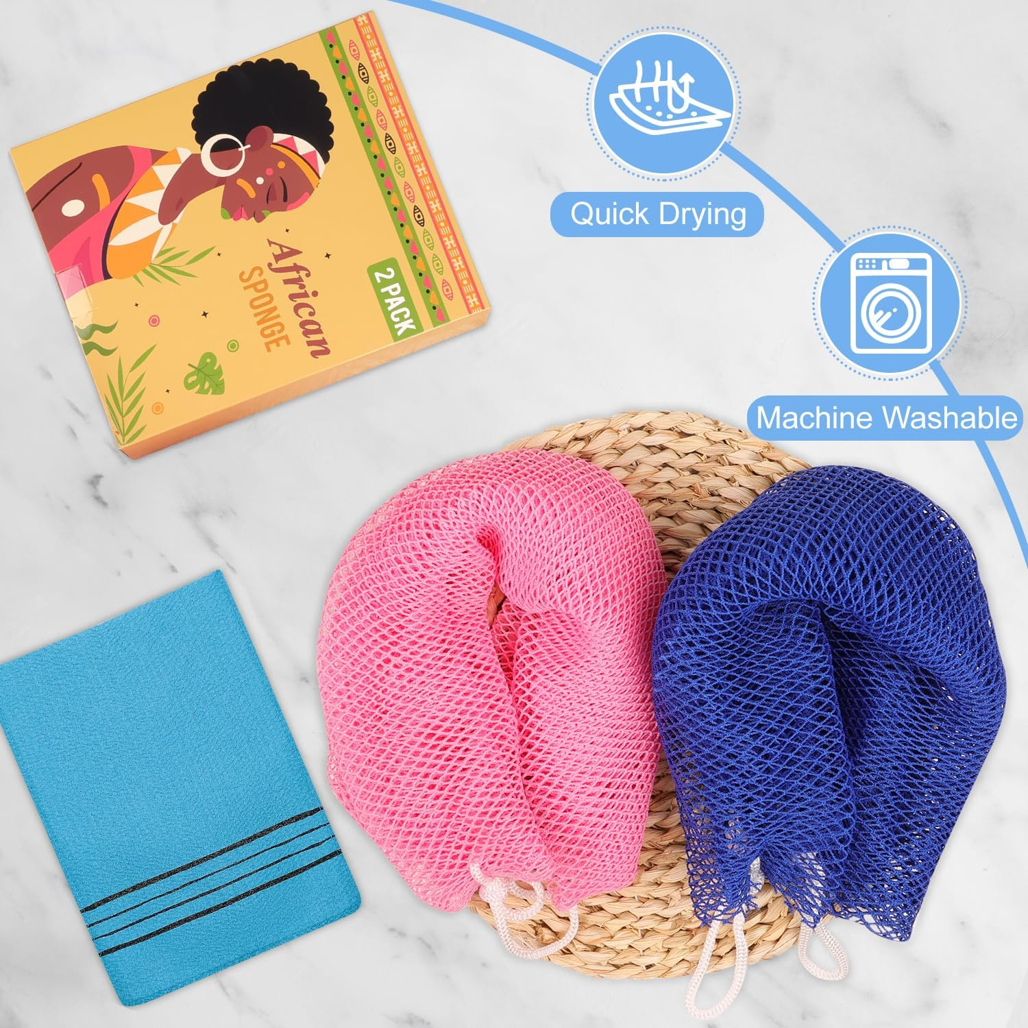 African Net Sponge Authentic - 2 Pack Afro Scrubber Bath Loofah Exfoliating Net Sponge for Shower, African Bath Sponges Exfoliator and Exfoliating Mitt for Most Skin Back Scrub Washer Accessories image number 1