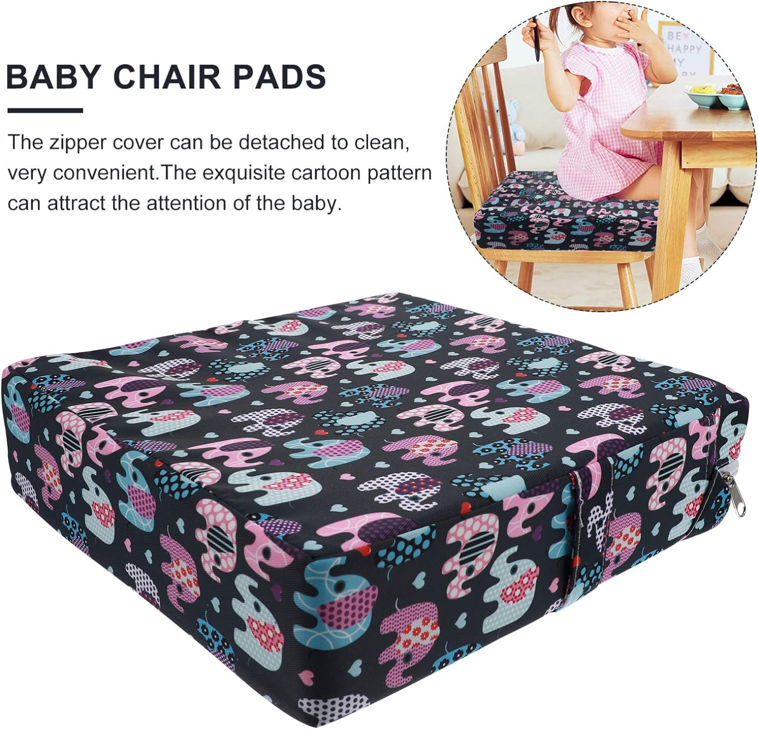 Jojofuny Toddler Booster Seat Cushion Elephant Pattern Baby Dining Chair Heightening Cushion Square Seat Pad Highchair Washable Chair Pad with Strap for Toddlers Kids Infant image number 6