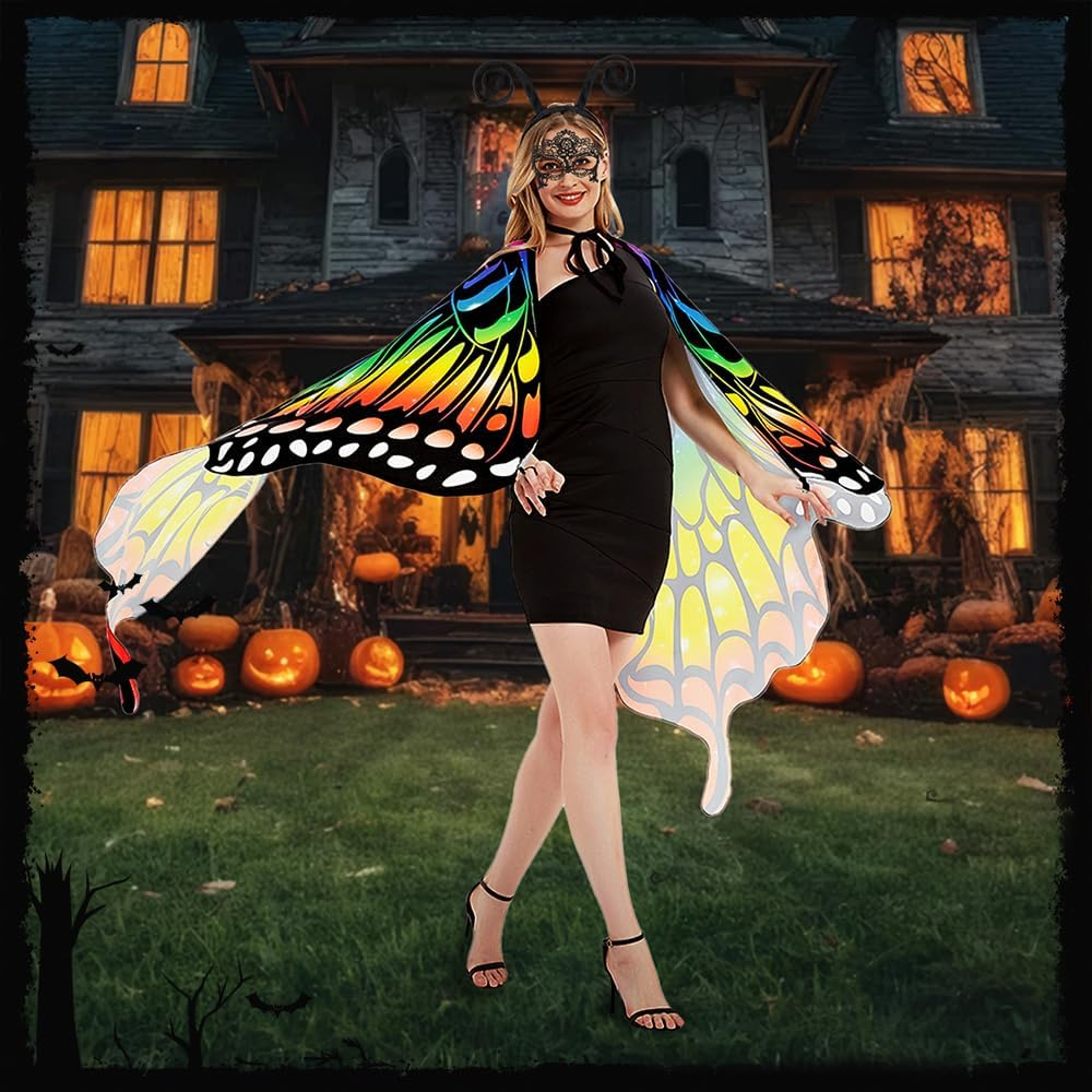 AUTOWT Halloween Butterfly Costume for Women, Adult Butterfly Wings Shawl with Masquerade Mask & Antenna Headband Kit for Ladies Cosplay Animal Avatar Photo Shoot Dress-Up Party Book Week image number 1