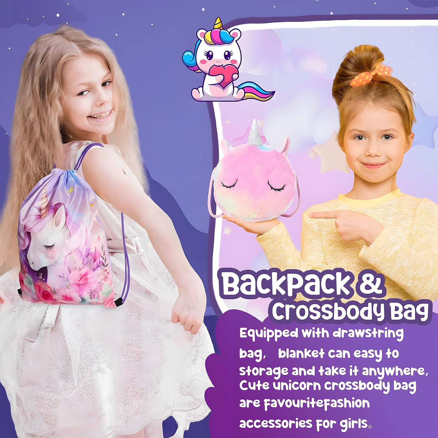 MAKTOR Unicorn Gift Set for Girls Ages 3+, Includes Glow Blanket, Water Bottle, Crossbody Bag Eye Mask, Drawstring Bacpack & Bracelets, Perfect for Birthdays, Holidays, Special Occasions image number 1