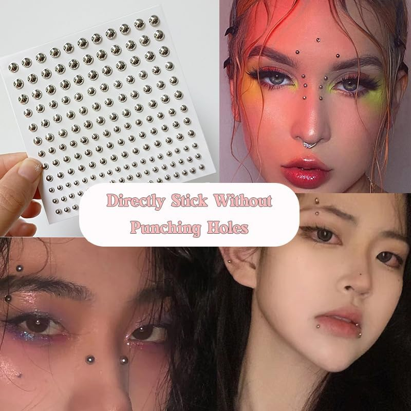 HONGCAUP 2 Sheets Fake Lip Nail Fake Nose Nail Fake Lip Ring Fake Lip Piercing Fake Piercing Ball Fake Belly Button Nail, Self-Adhesive Fake Lip Piercing Gemstone Stickers Silver, Plastic, No Gemstone image number 1