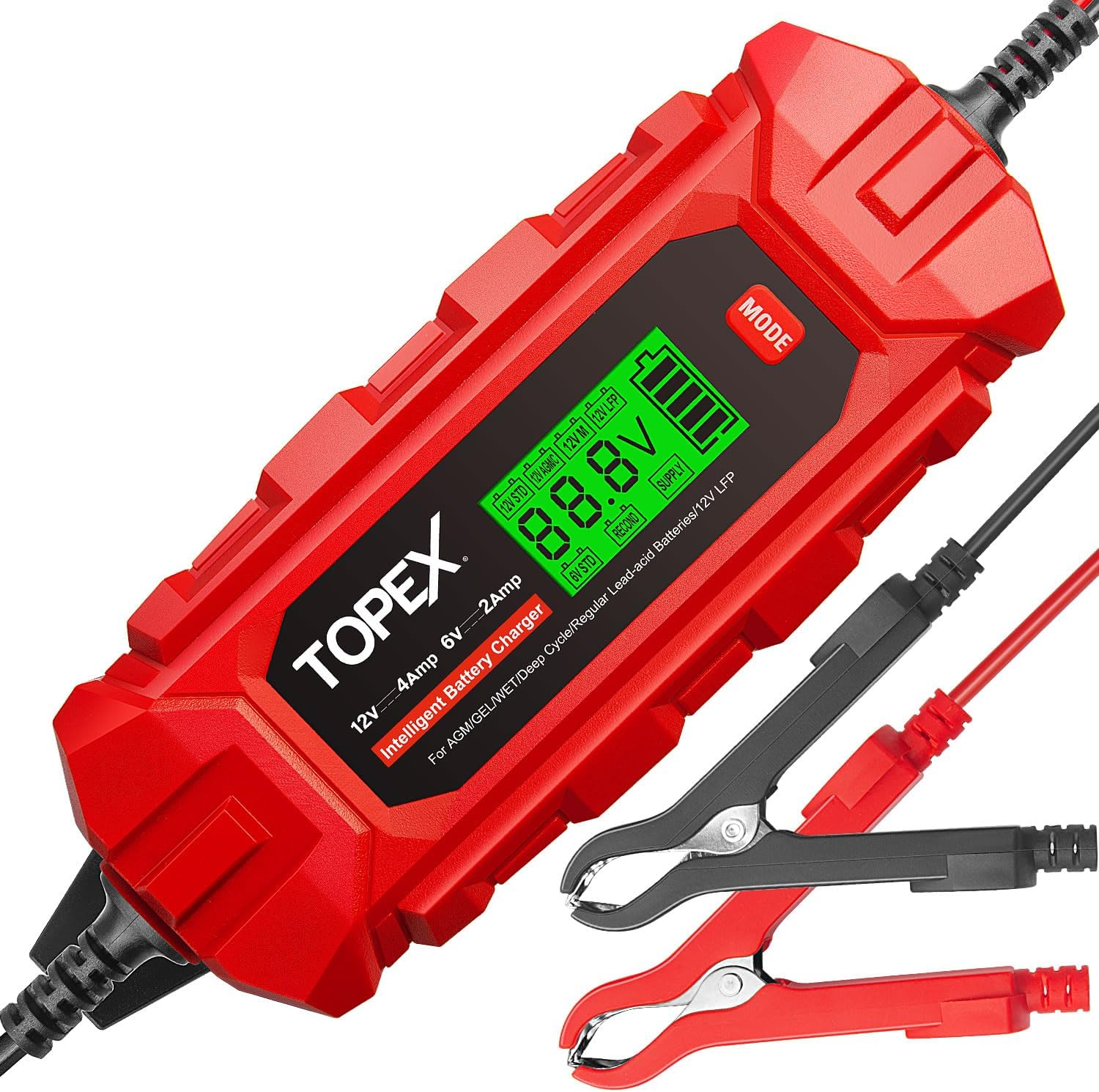 TOPEX Car Battery Charger, 12V 4A/ 6V 2A Smart Automatic Battery Charger Maintainer IP65 Rated W/ 10 Stage Charging LCD Display for Lead Acid, Lifepo4 Battery in Car, Truck, Motorcycle, Boat, SUV, ATV image number 3