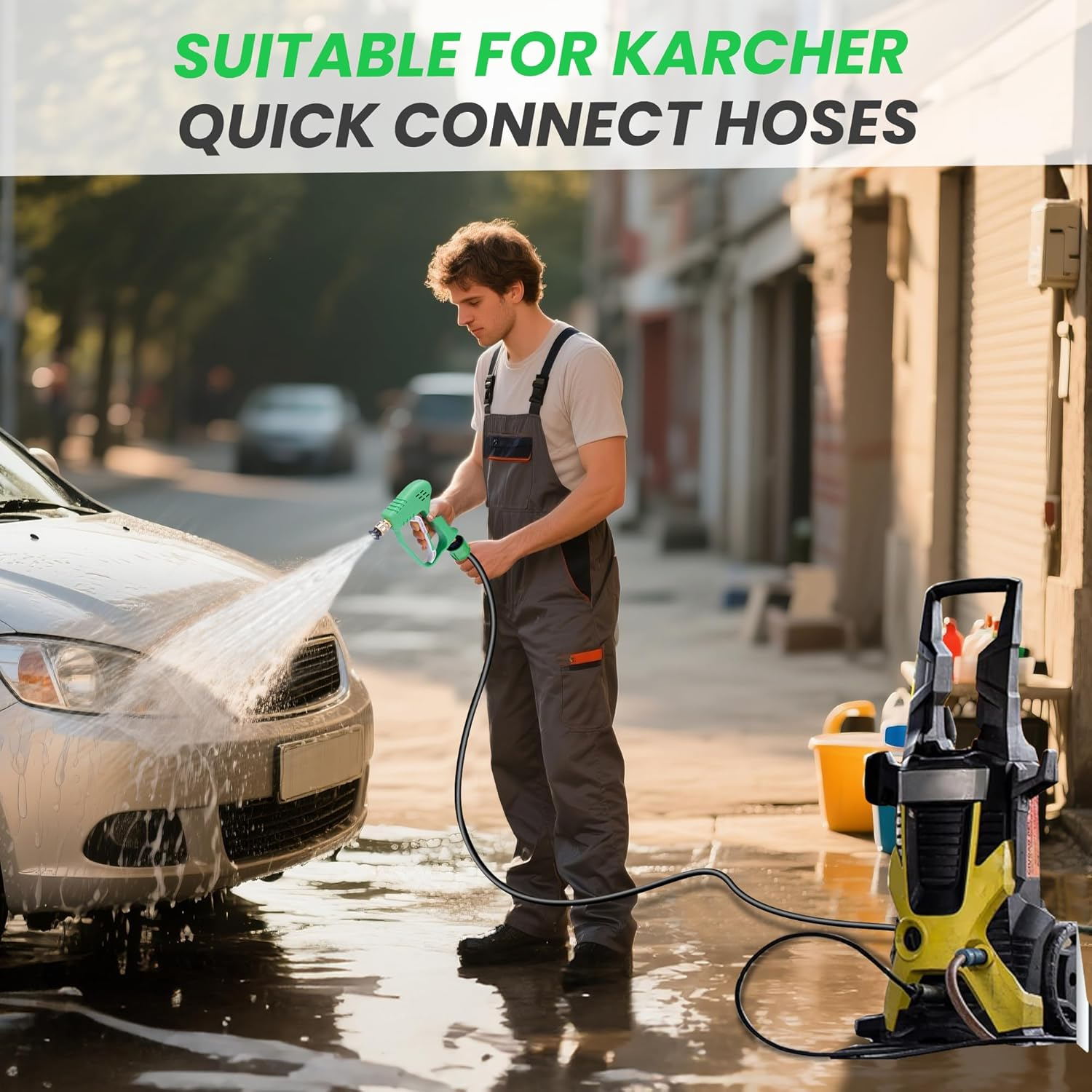 Short Pressure Washer Handle Gun with 5 Nozzle,Stubby Pressure Washer Gun Compatible with Karcher Hose and M22-14MM Fitting Hose - Green image number 5