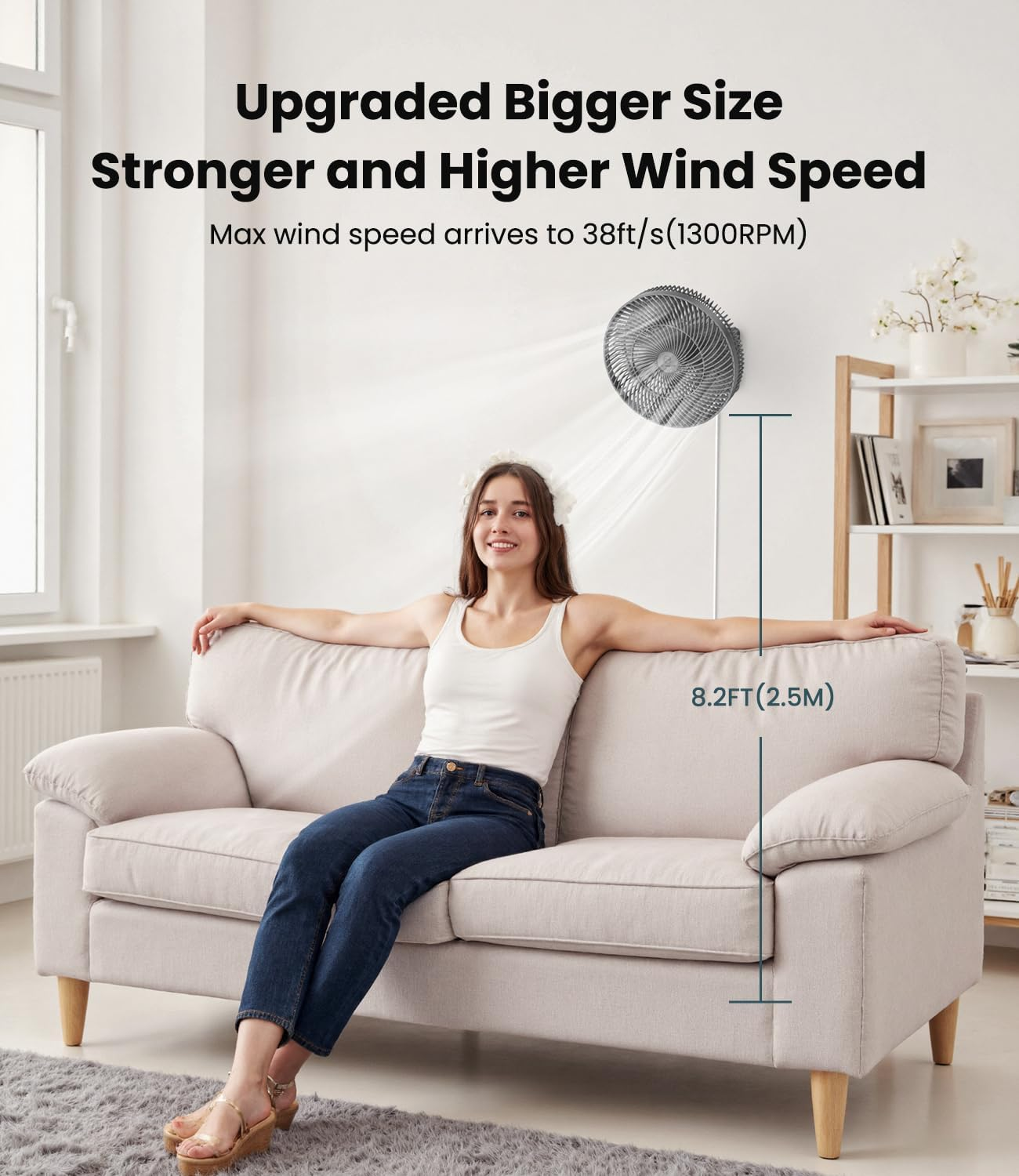 LEMOISTAR 12" Quiet 4-Speed Wall Mounted Fan with Remote Control, 90&deg;Oscillating Timer and Adjustable Tilt, 98" Cord, Ideal for Home, Bedroom, Gym, Garage, RV, Office-Grey image number 3