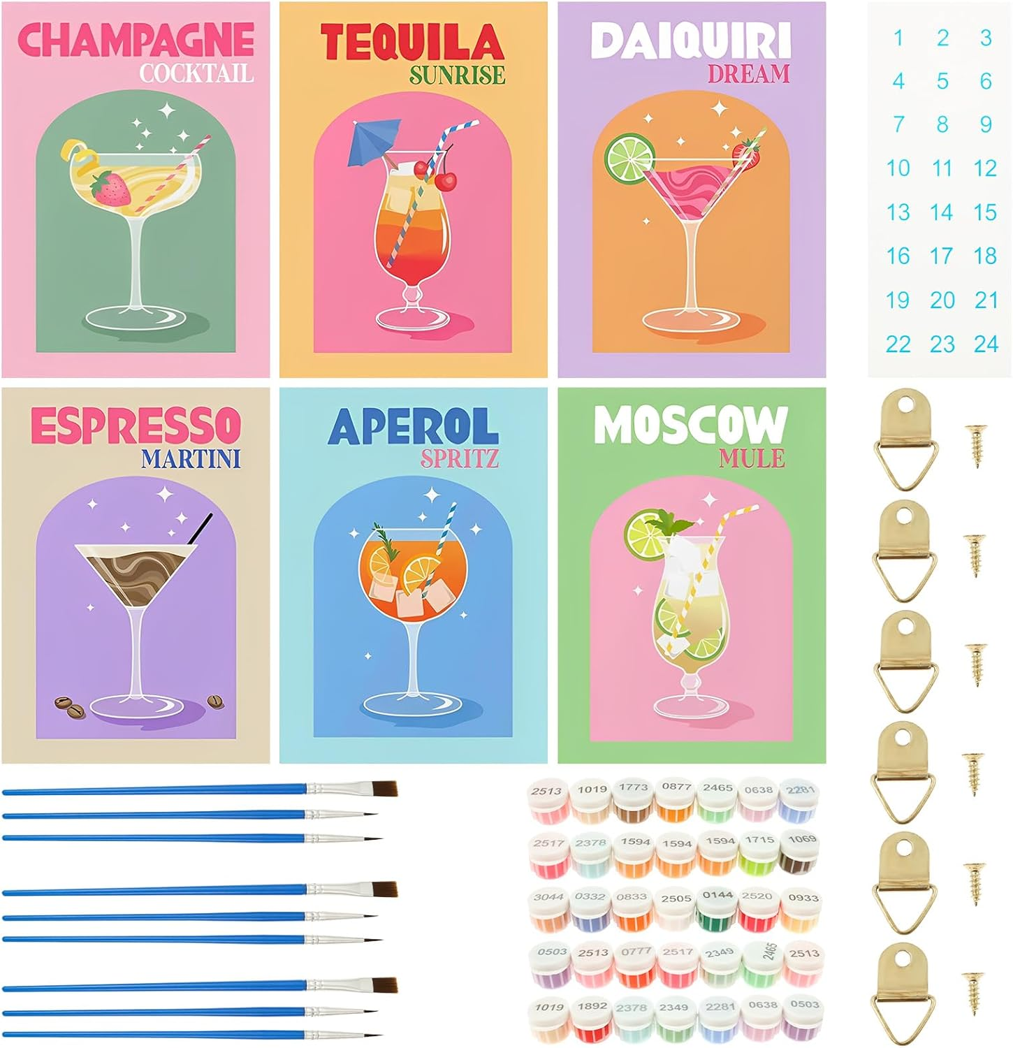 Fwqofvk 6 Packs Oil Painting Set by Numbers with Brush and Acrylic Paint, Linen Canvas Cocktail Theme Painting for Home Decor Present for Art Lover 37.5&times;27.5 Cm (Style 2)