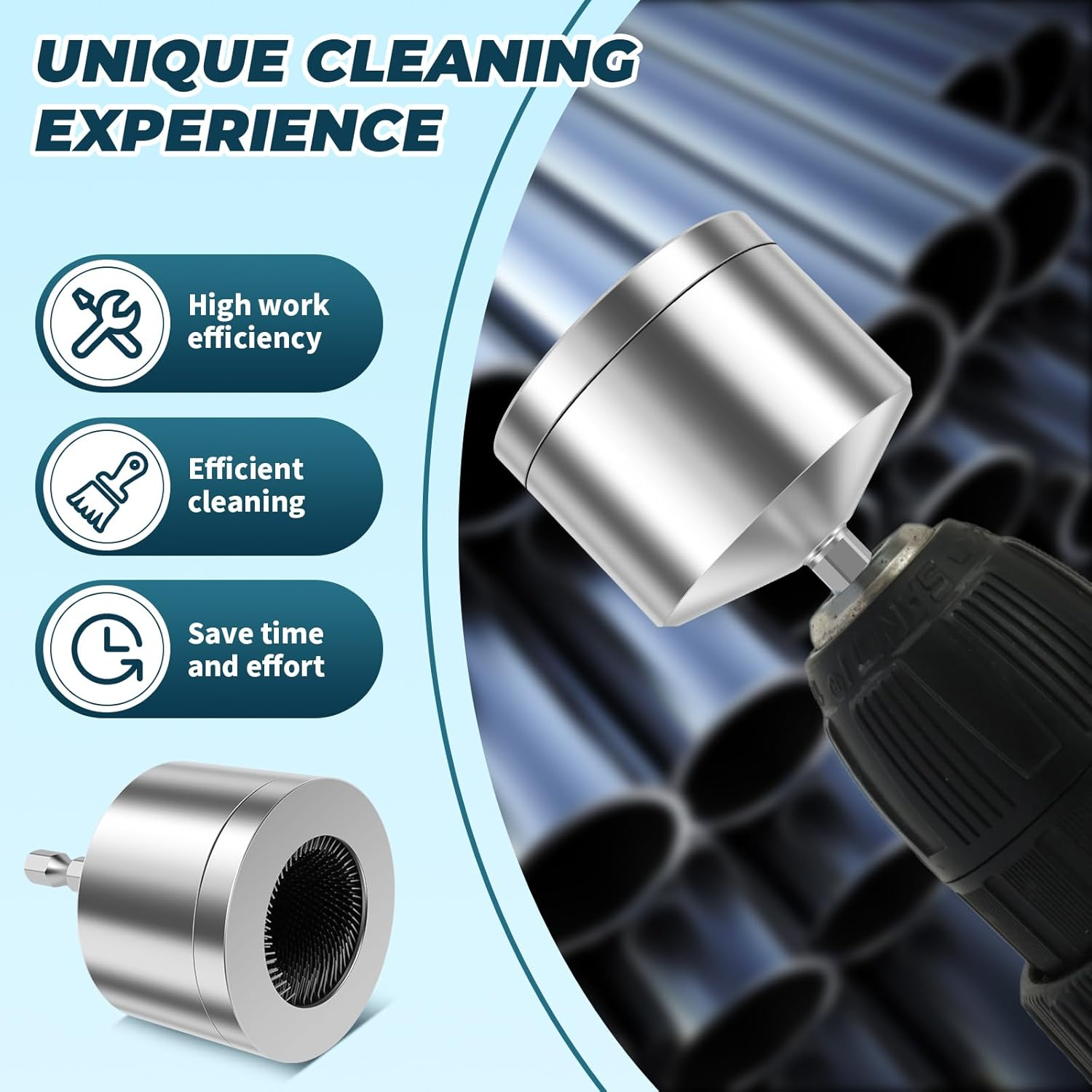 2Pcs Metal Copper Pipe Cleaner, 1/2" & 3/4" Copper Tube Cleaning Brush for Power Drill, Reusable Pipe Cleaner Brush with Replaceable Brushes, Copper Pipe Cleaning Tool for Electric Drill