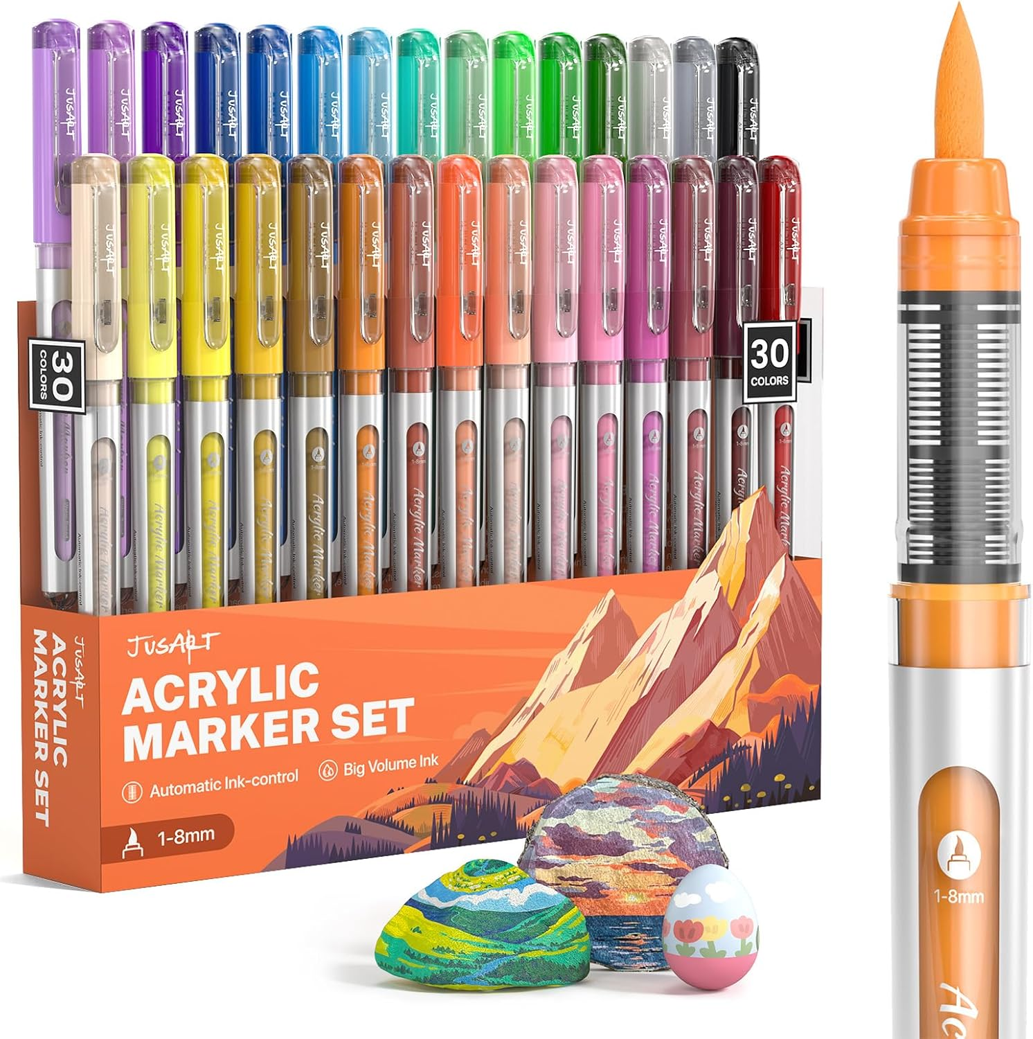 30 Colors Acrylic Paint Markers Brush Tip, Water Based Acrylic Markers with Automatic Ink Control System, Waterproof Acrylic Paint Pens for Rock Painting, Wood, Fabric, Egg