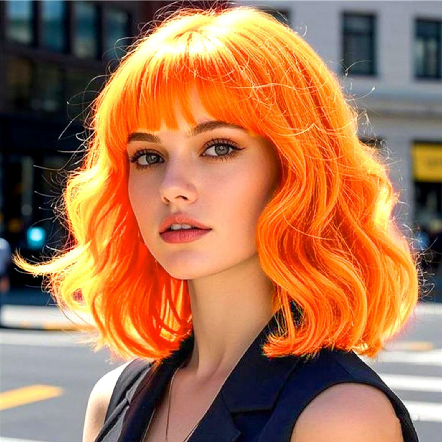 Short Bob Wig with Bangs Dark Green Loose Wave Wigs Shoulder Length 14Inch for Women Colorful Costume Wig Heat Resistant Fiber Hair for Daily Party Halloween Cosplay Use(313A#Darkgreen)