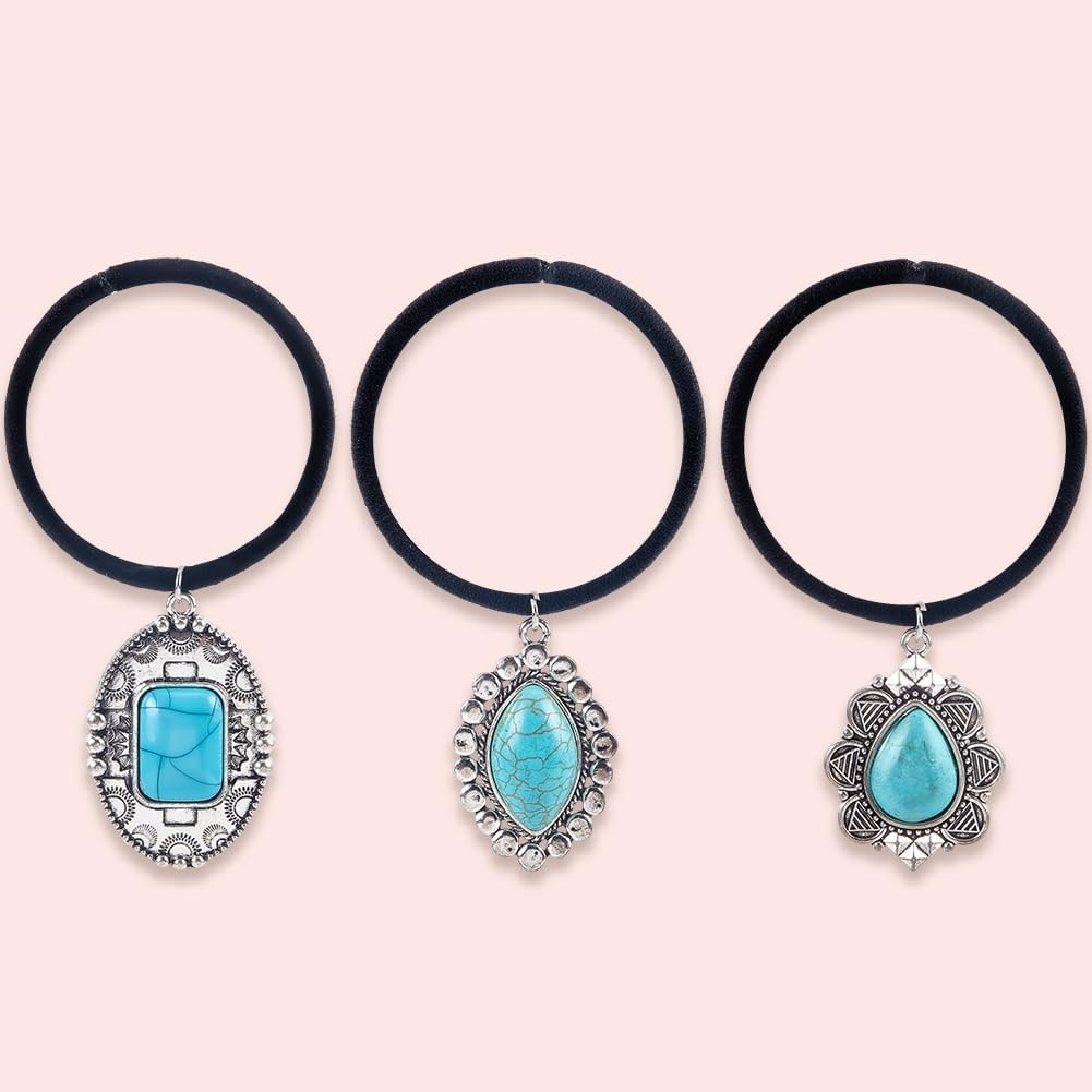 CABODYALS Pack of 3 3 Styles Western Style Turquoise Decorative Hair Bobbles Bracelet Vintage Boho Metal Ponytail Holder Cowgirl Elastic Hair Bands Rope for Women Party Outfit Dresses Accessories image number 3