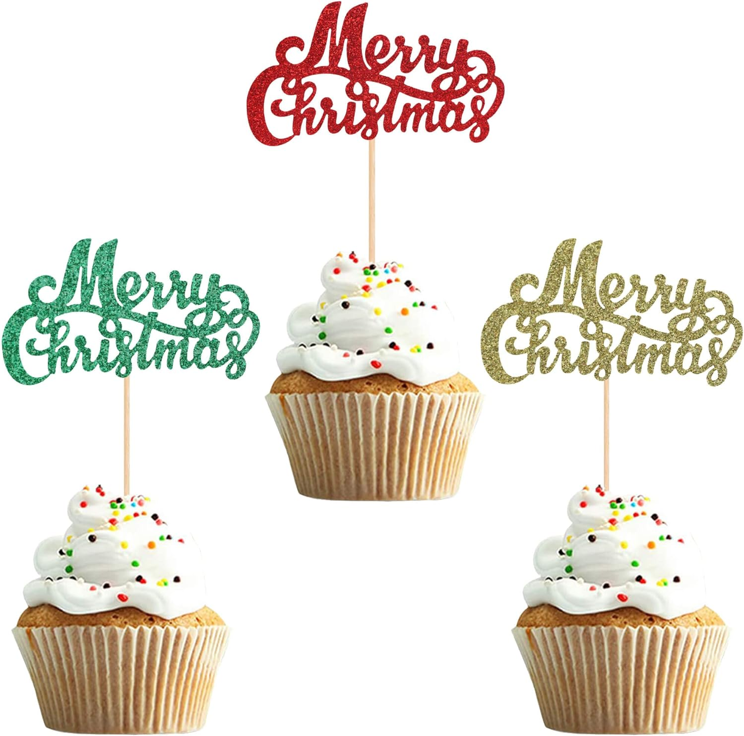 24Pcs Merry Christmas Cupcake Toppers Green Red Gold Glitter Christmas Cupcake Picks Merry Christmas Theme Happy New Year Party Cake Decorations Supplies image number 3