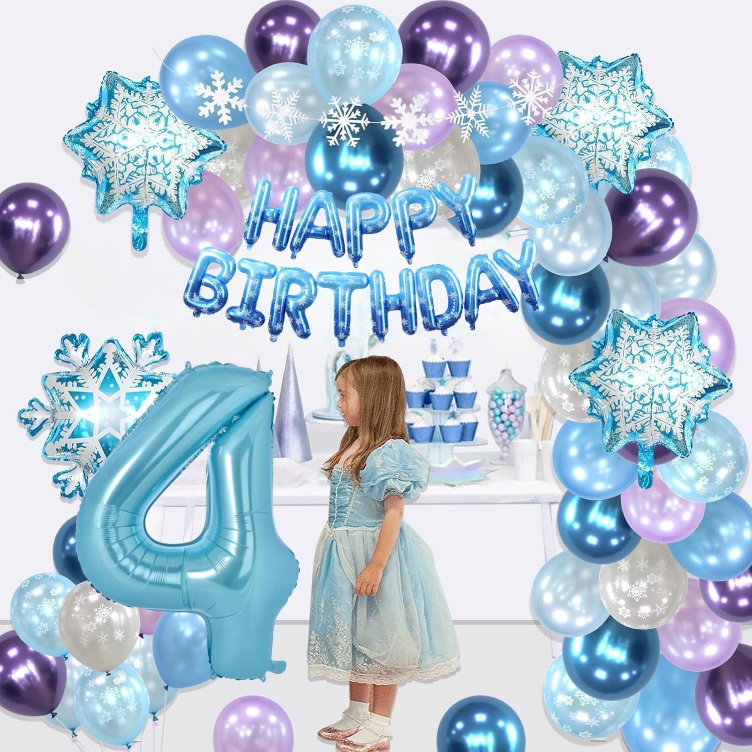 Huge Snow Birthday Decor Kit, Winter Wonderland Party Decorations with Snowflake Balloon Garland Arch HBD Banner, Number 40" Foil Balloon for Baby Girls Decorations (4) image number 2