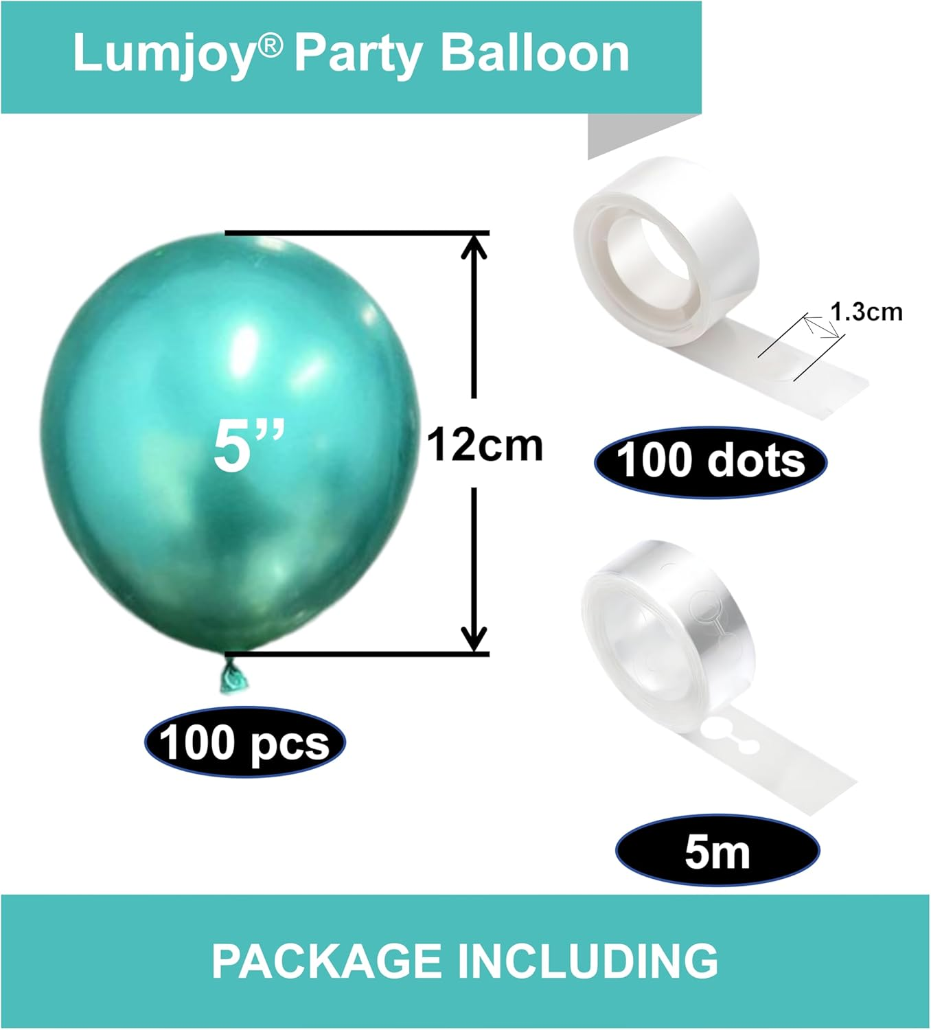 Lumjoy Green Metallic Balloons 100 Pack, 5 Inch (12Cm) Shiny Latex Balloons with Glue Dots & Strip for Weddings, Birthday, Baby Showers & Party Decorations - Black Metallic image number 5