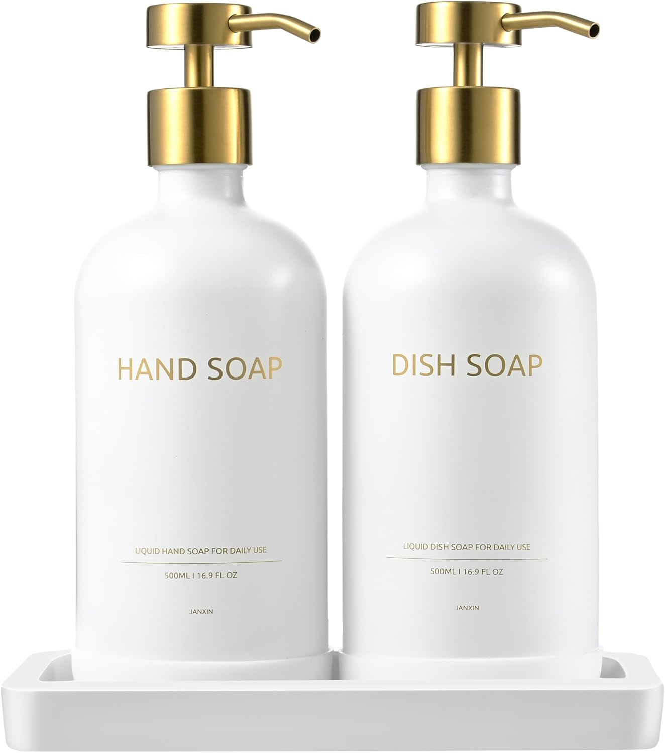 500 Ml Glass Soap Dispenser with Dispenser Tray, Soap Dispenser Set, Suitable for Kitchen, Shower (White + Gold Head)