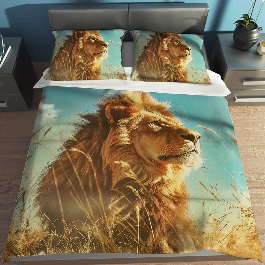 Moinlizy 3D Fierce Lion Printed Duvet Cover Set Bedding Sets Full Size with 1 Piece Duvet Cover 2 Pieces Pillow Cases Microfiber Comfy No Comforter image number 5