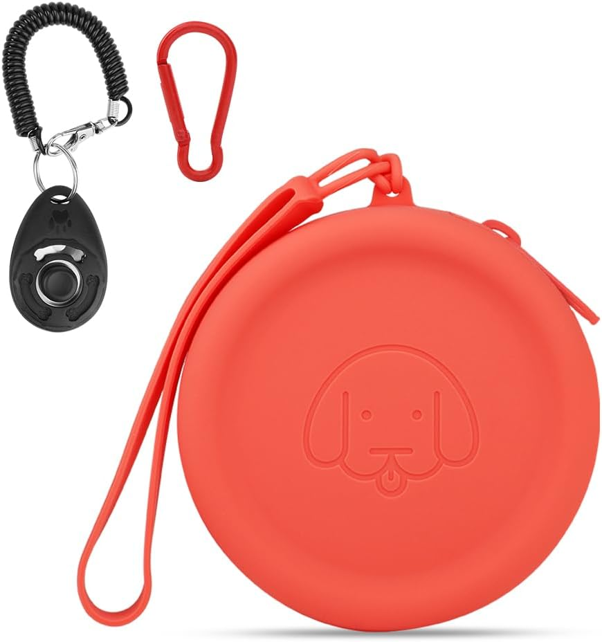 WALLFID Silicone Dog Treat Pouch Small Bag,With Pet Training Clicker,Walking Bag for Dog and Cat, Pocket Size, Easy to Clean, Odorless, Zipper Design,Moisture-Proof,Travel Walking Bag.(White)