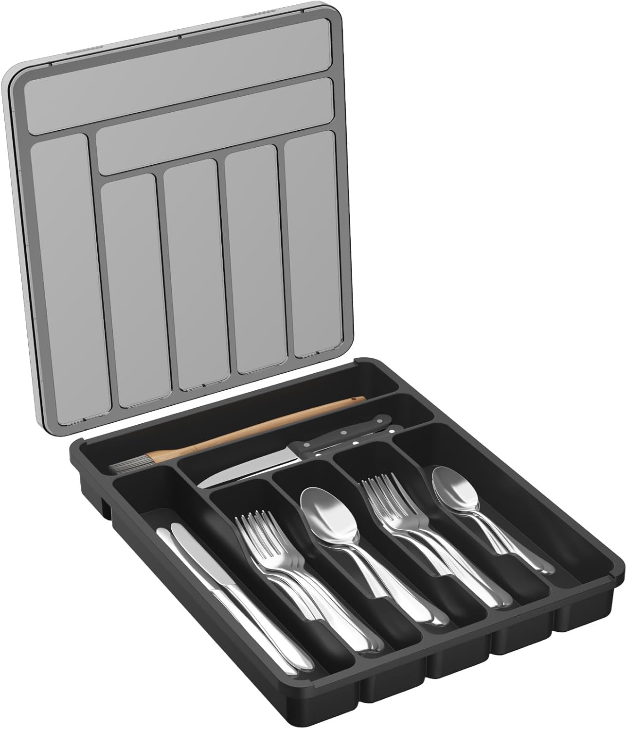 Lifewit Silverware Organizer with Lid, Covered Utensil Tray for Kitchen Drawer and Countertop, Plastic Cutlery and Flatware Storage Box for Spoons Forks Knives Holder Case, 7 Compartments, Black image number 6