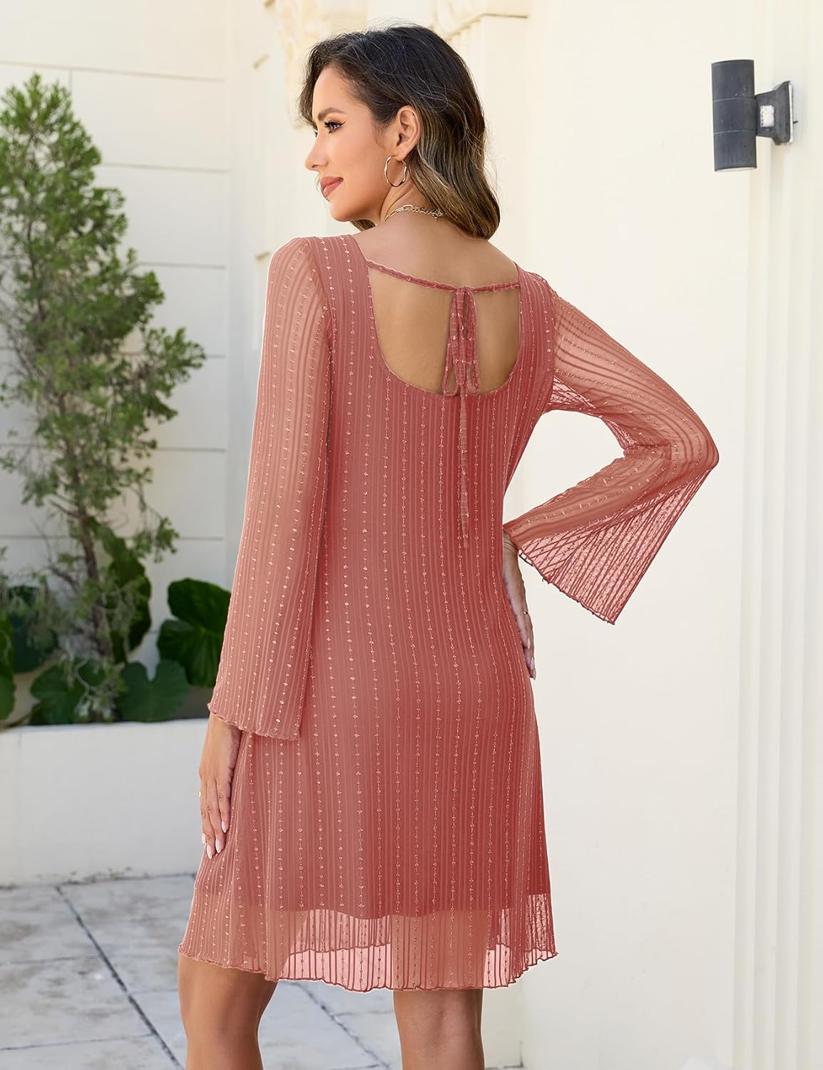 Sparkly Mesh Mini Maternity Dress Sheer Bell Sleeves Tie Back Pregnant Dresses Baby Shower Photoshoot Casual image number 4