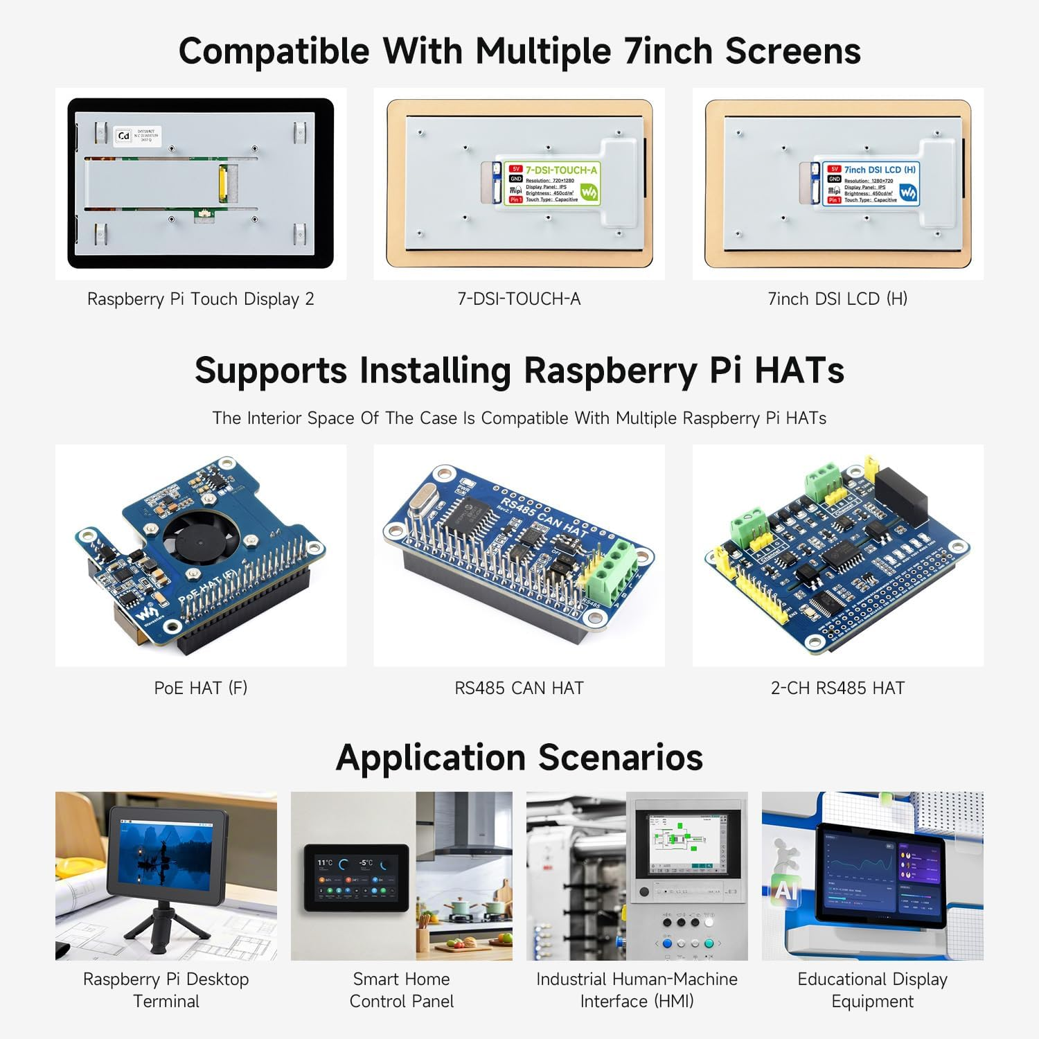 Waveshare Protective Case, Compatible with Rpi 7Inch Touch Display 2 and Raspberry Pi 5,Compatible with Multiple 7-Inch Screens, Supports Installing Raspberry-Pi Hats, Reserved Rich Interfaces，Black image number 5